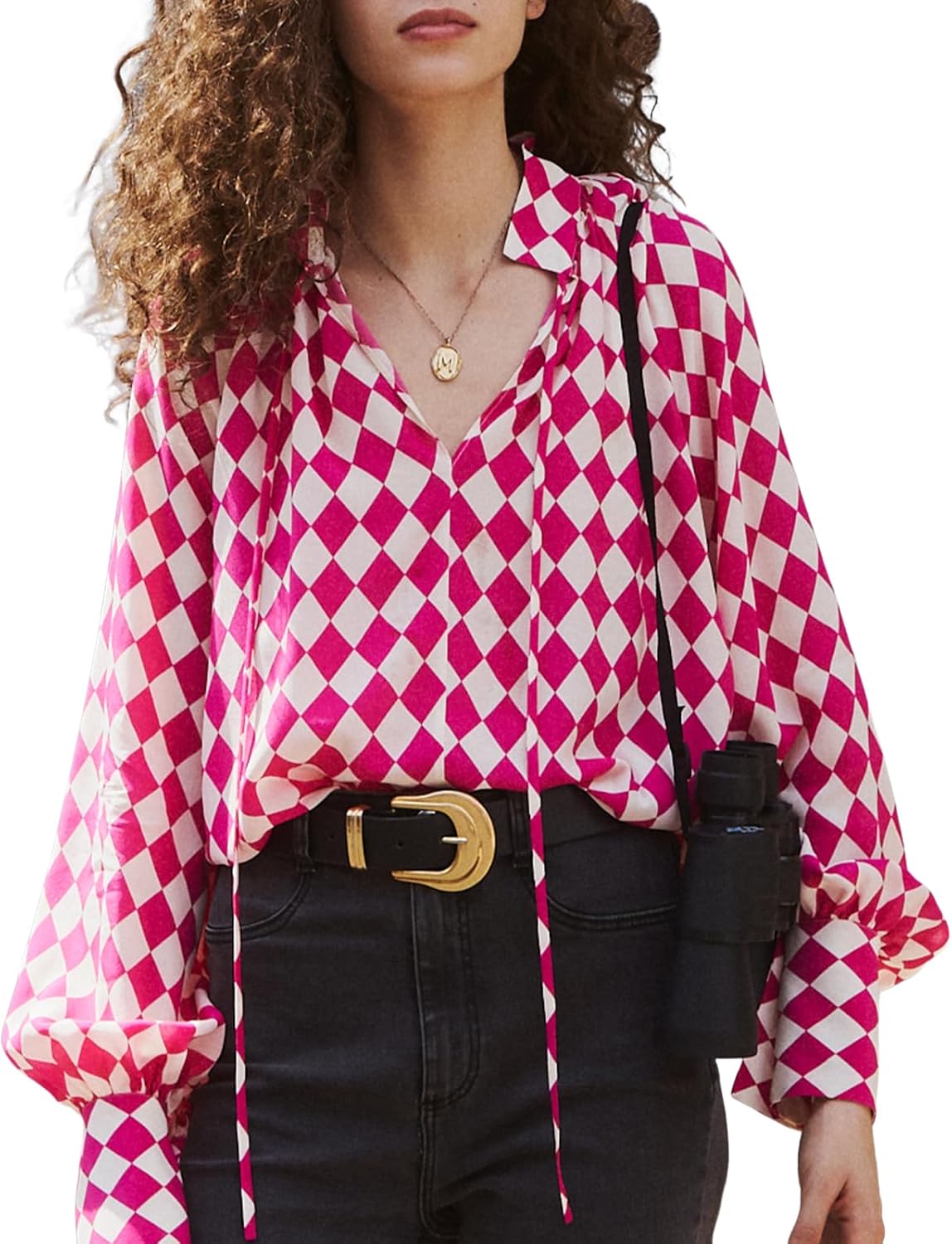 Silk Blouse for Women 100% Pure Silk Elegant Shirts: Long Sleeve Luxury Vintage Button-Down Shirt - Women’s V-Neck Cool Smooth Blouses Casual Loose Fit Summer Autumn Ladies Tops,Pink White Checked,S