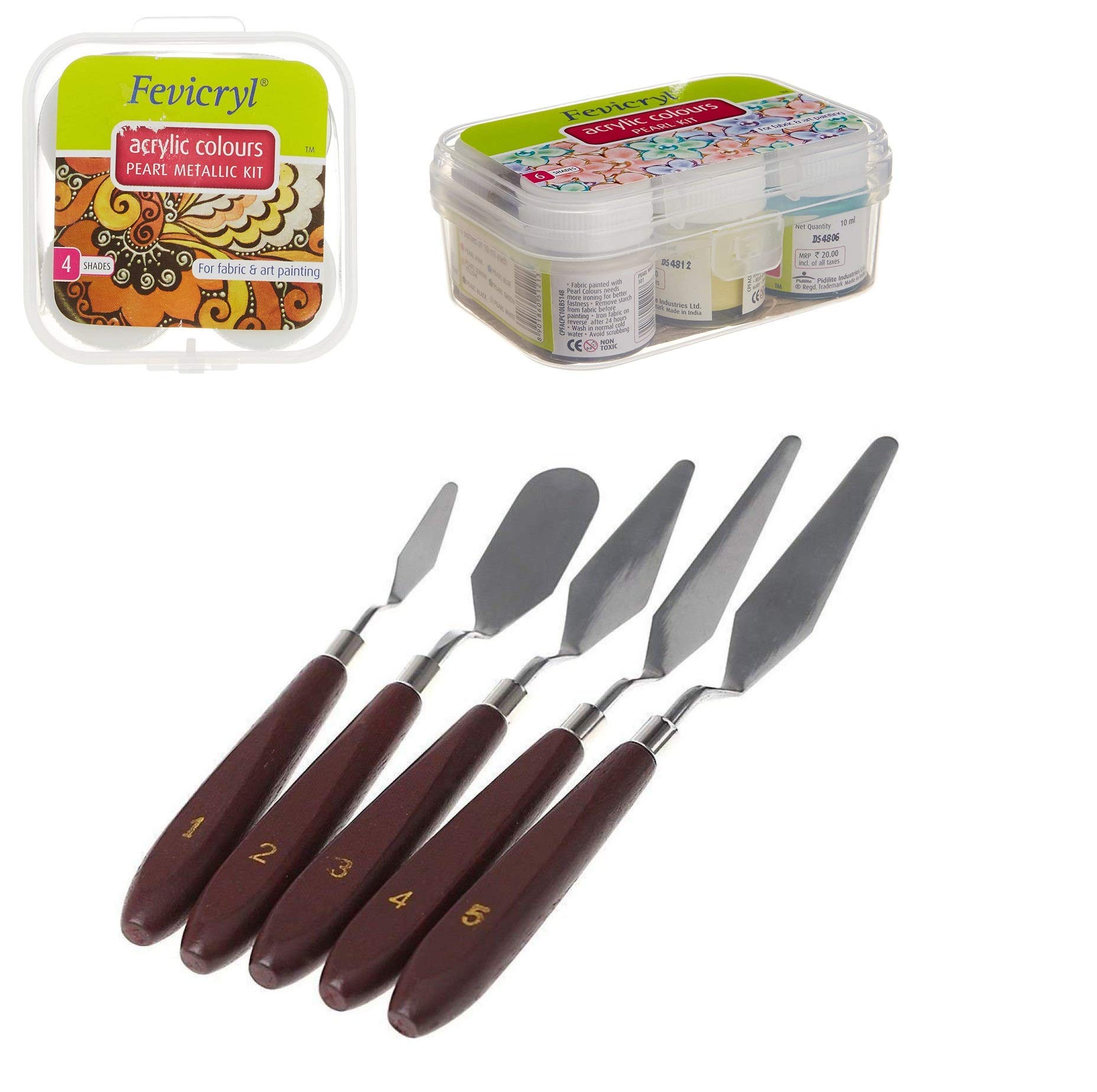 Definite Art Craft Painting (Fevicryl Pearl Metallic Colours and Pearl Colours (10 Ml X 10) with Palette Knives (Set of 5))