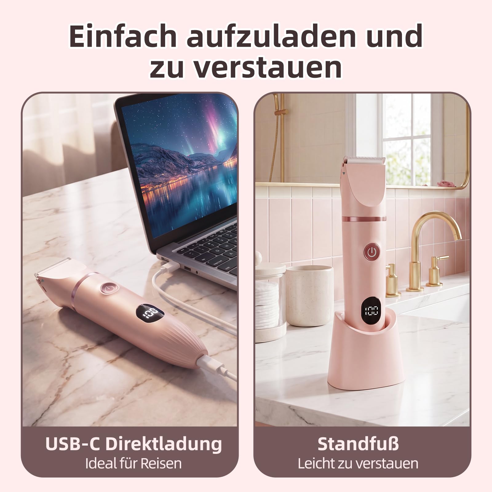 3-in-1 Intimrasierer für Frauen, Elektrischer Rasierer Damen | IPX7 wasserdicht, Sanfte Keramikklingen, LED-Anzeige, 600-mAh-Akku, kabellose Bauweise, 4 Kammaufsätze, Type-C-Ladung