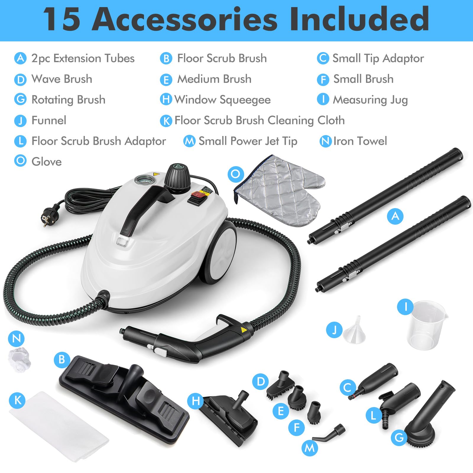 FANTASK Steam Cleaner - Limpiador de vapor (2000 W, incluye 13 accesorios y cable de alimentación de 5 m, presión de vapor: máx. 5 bar, temperatura de hasta 160 ℃, potencia: 108 m², depósito de 1,8 L