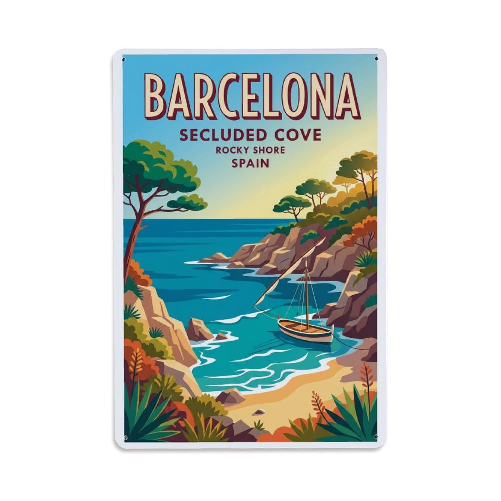 Vintage Travel Cove Spain Secluded Metal Tin Sign