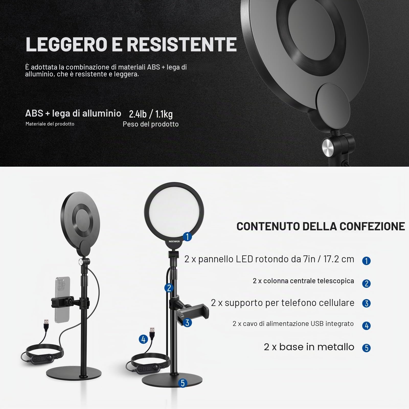 NEEWER BASICS 7” Ring Light da Scrivania (2pz) per Riprese Video, 10W Key Light a Schermo Intero Dimmerabile con Supporti e Portatelefono per iPhone Computer Laptop Vlog Streaming Videoconferenza, R06