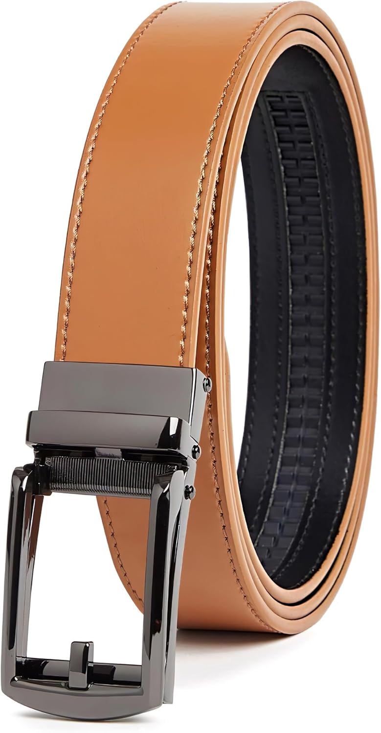 Genuine Leather Ratchet Belt for Men – Adjustable Track Belt with Black or Silver Buckle – Dress & Casual