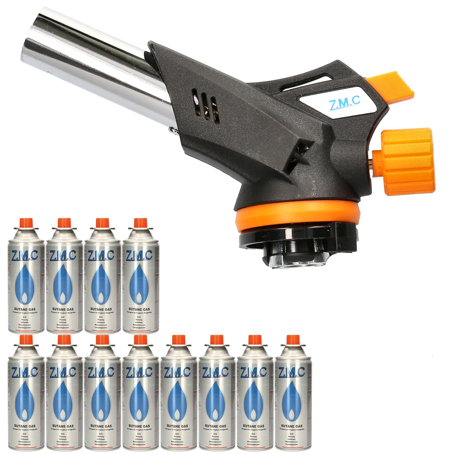 Z.M.C Bruciatore a gas 1,3kW + 12 cartucce gas 227g, bruciatore per fiamma, temperatura fino a 1300°C, becco Bunsen, torcia saldatrice con accensione piezoelettrica, bruciatore da cucina con fiamma