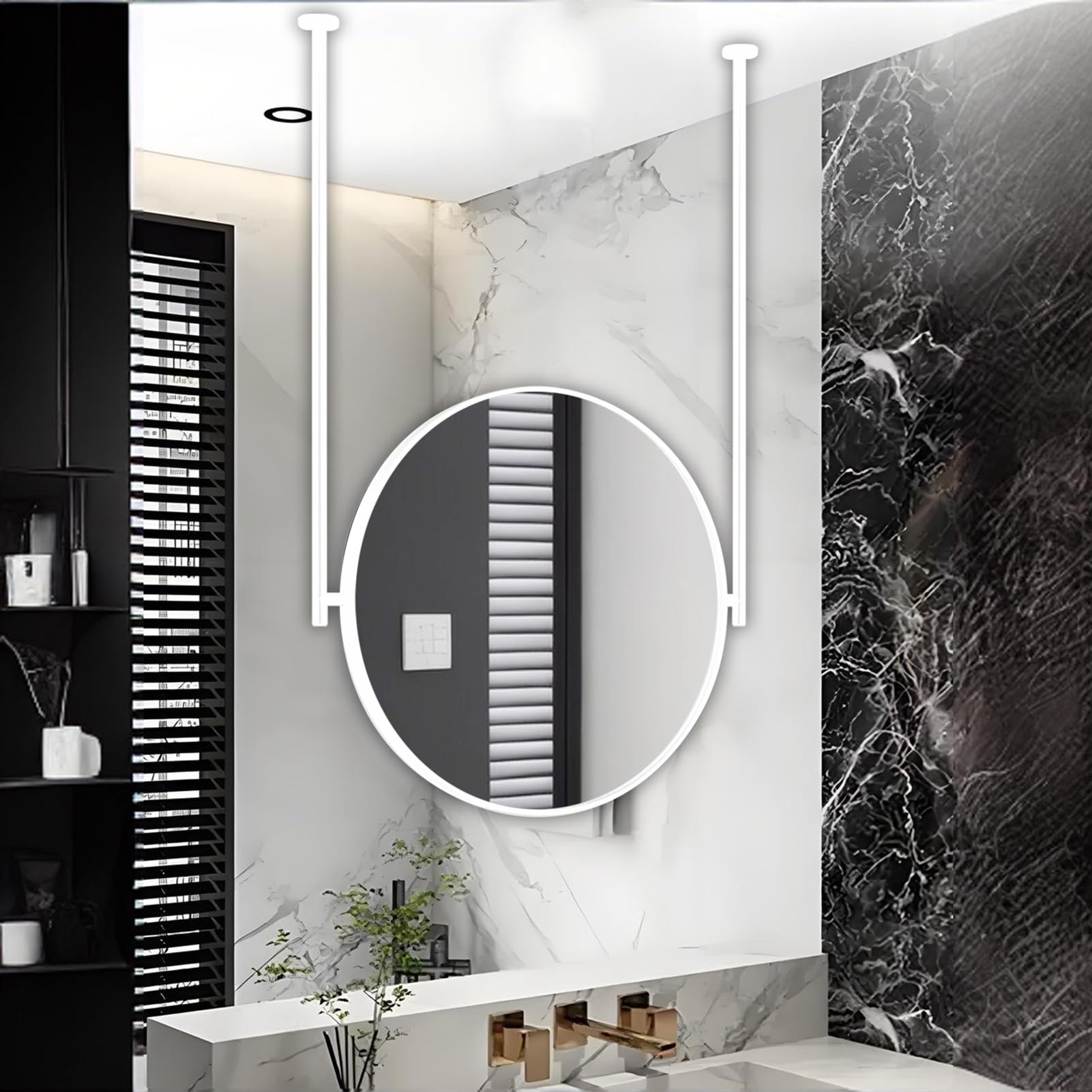 FGXHHS Round Mirror for Ceiling Hanging, Large Circle Vanity Mirror, Metal Hanging Rod Wall Entrance Bathroom HD Modern Decorative White(Diameter-70CM/27.6INCH)