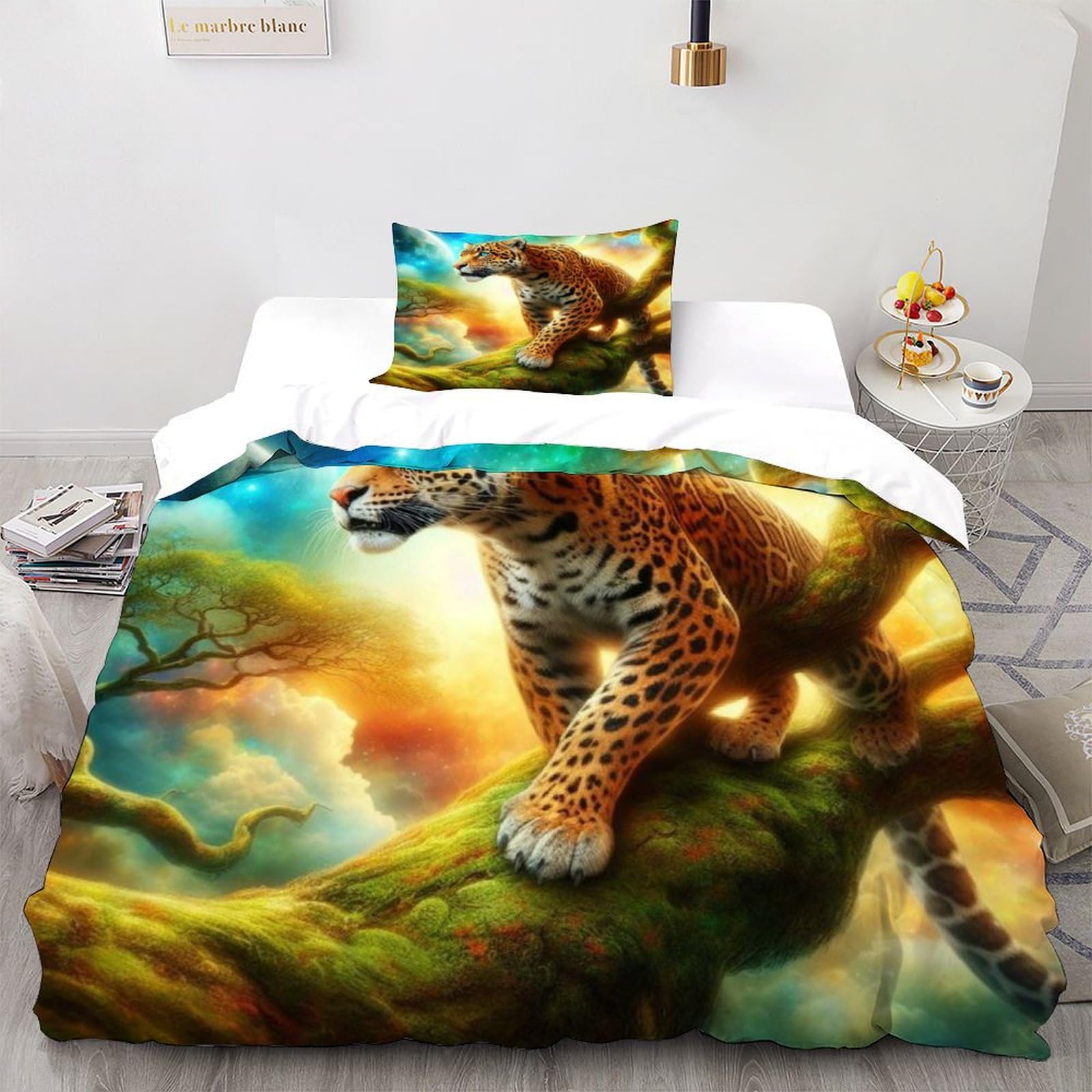 Housse de couette léopard microfibre douce et infroissable pour lit 1 place