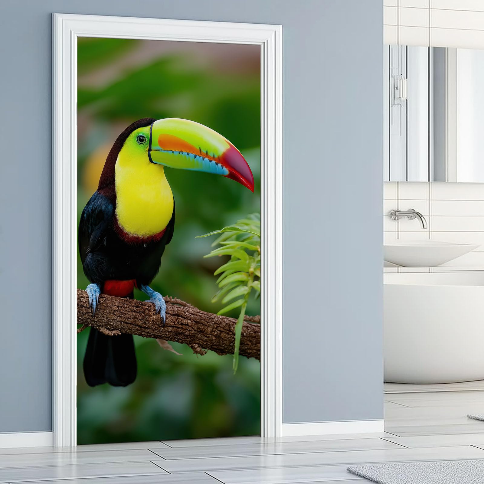 Papel pintado autoadhesivo para puerta de animales, tucán, fotografía 3D, póster para puerta, adhesivo botánico de rama de árbol impermeable, lámina de vinilo para puerta, verde extraíble, póster