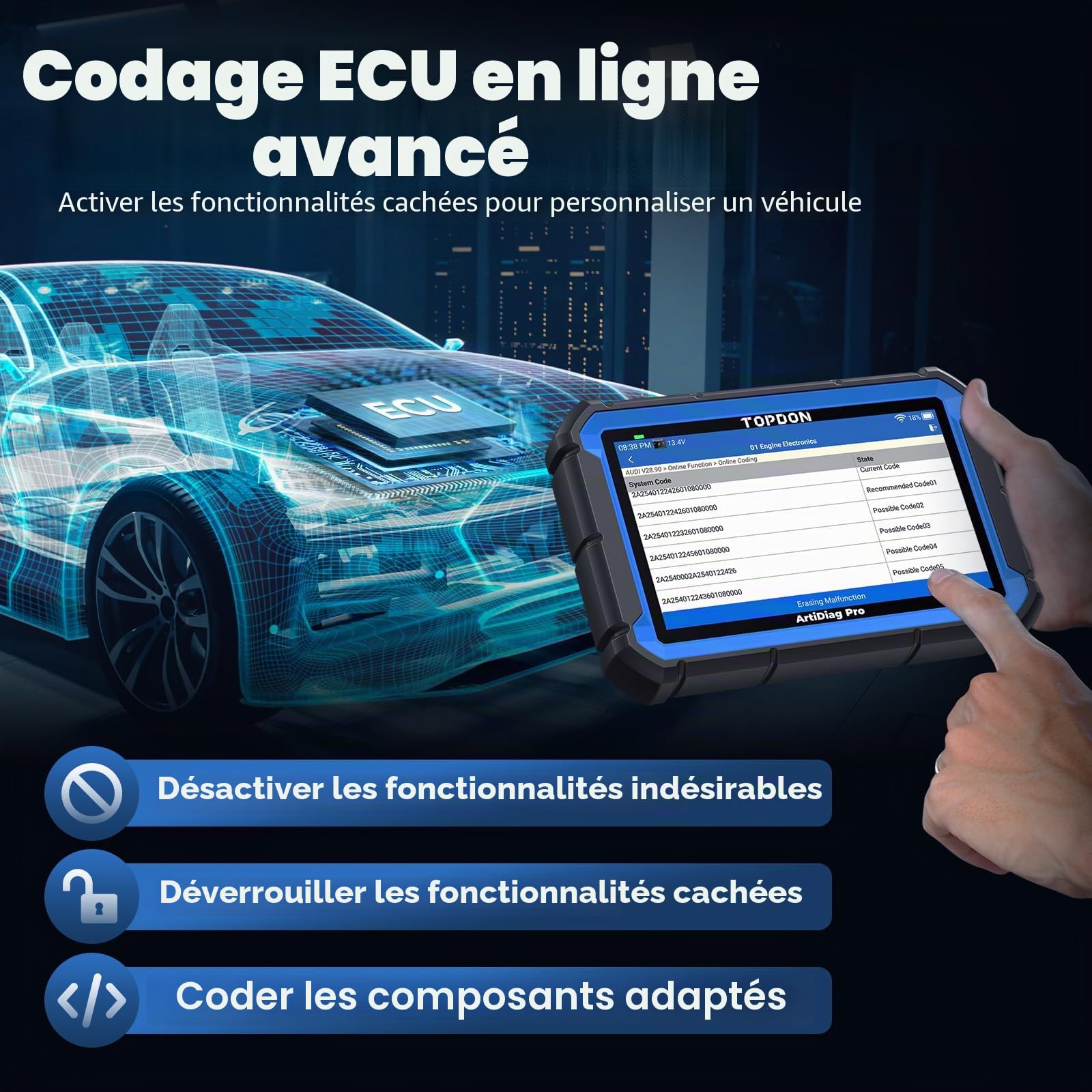 TOPDON Valise Diagnostic Auto ArtiDiag Pro V2.0, Codage de ECU, Diagnostic Voiture du Systèmes Complet avec 35+Réinitialisations, Test d'actif, Mise à Jour Gratuite de 2 Ans