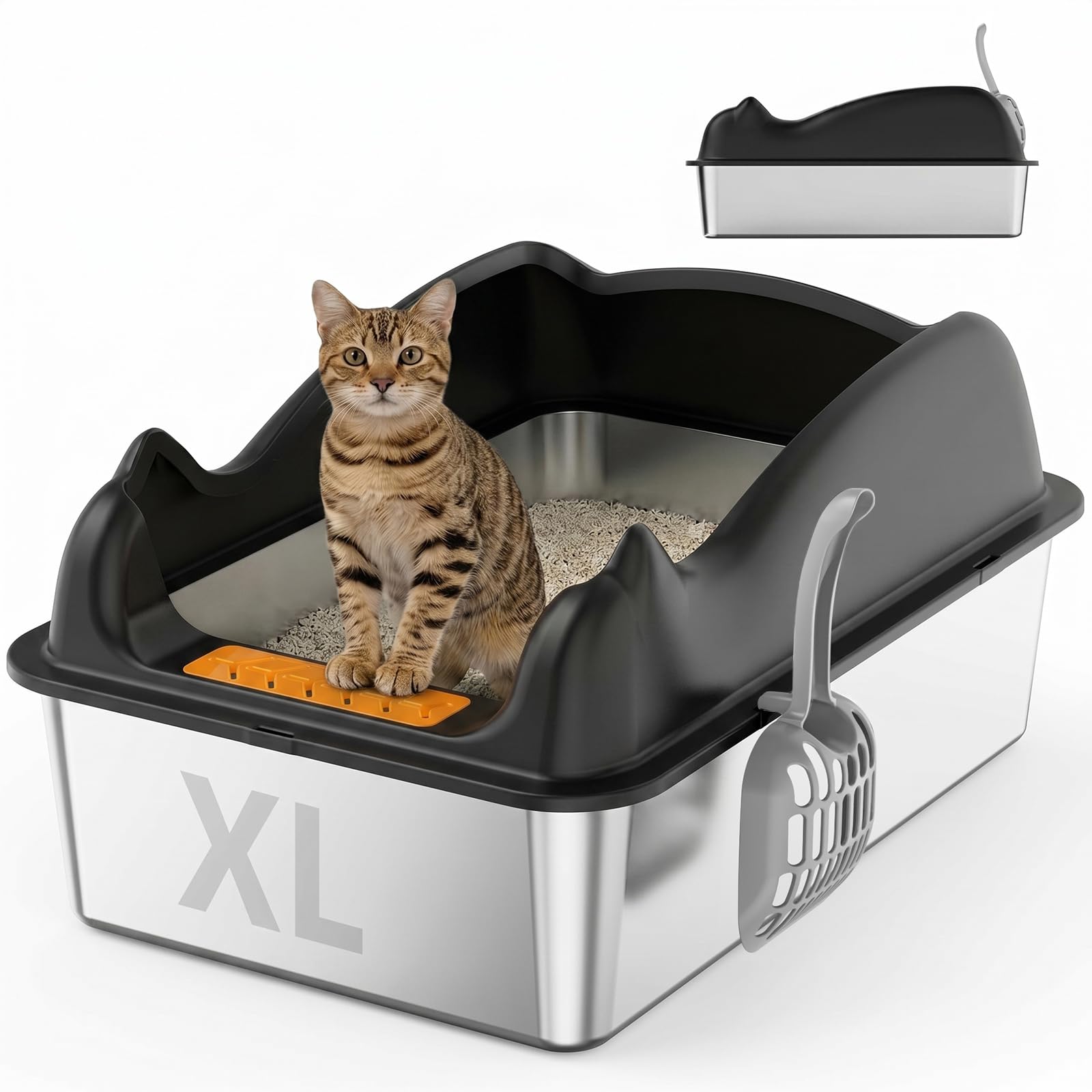 XL Stainless Steel Cat Litter Tray for Big Cats,High-Sided Anti-Leakage Litter Tray Cat Litter Box,60x40x33.5cm,Odour-Proof Non-Sticky Easy Clean,Anti-slip Rubber Bottom,Includes Scoop-Black