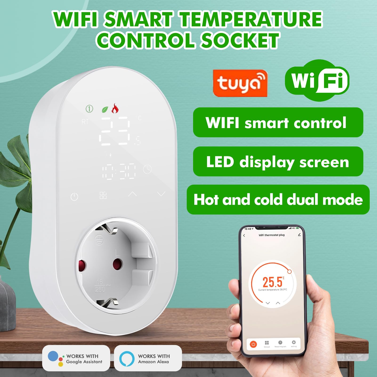 Jadeshay Termostato Intelligente con Presa Programmabile Presa Termostato WiFi 16A 220V con Display LED Controllo Digitale per Riscaldamento e Raffreddamento Compatibile con Alexa e Google Assistant