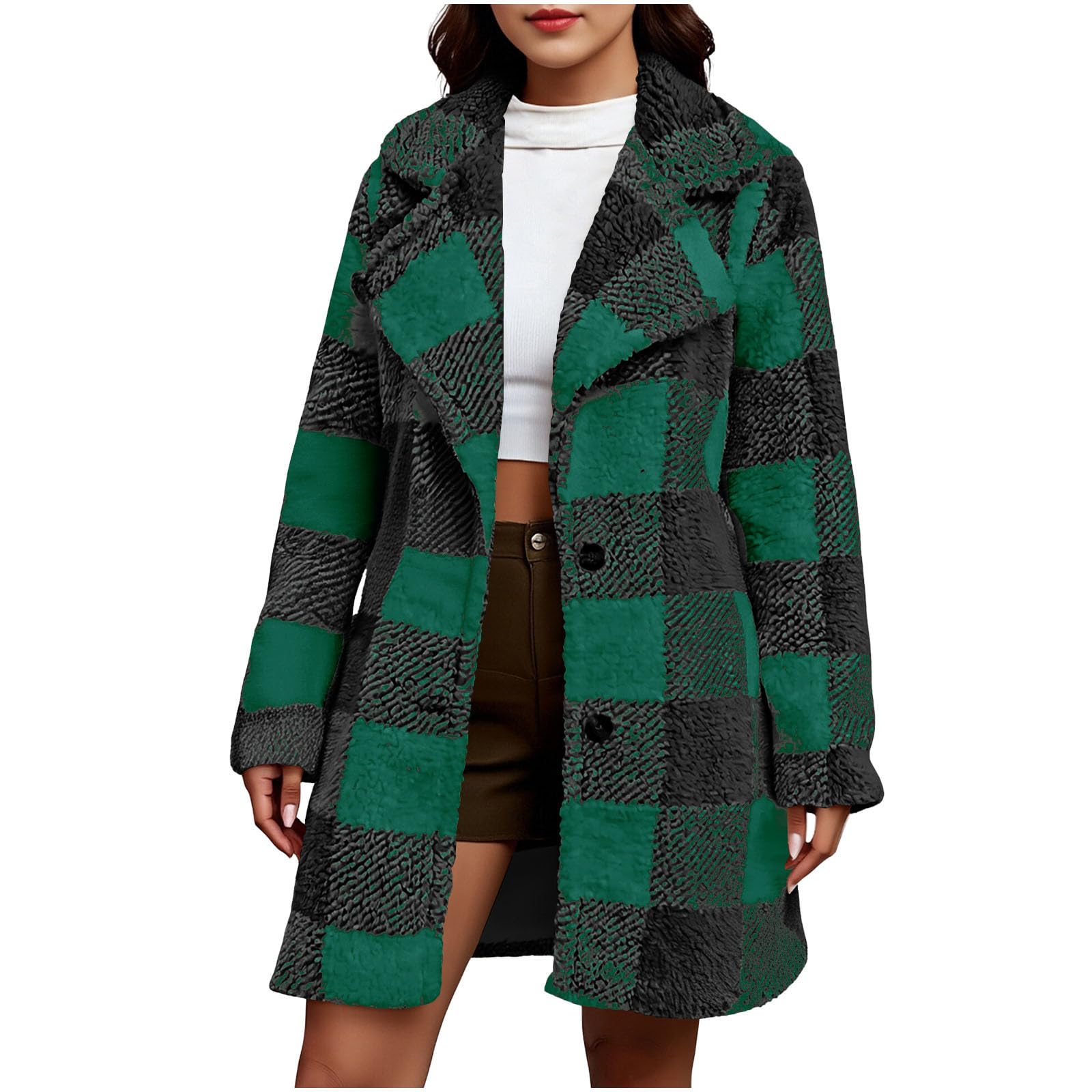 Chaqueta Polar Mujer,Abrigo Mujer Invierno de Forro Polar de Doble Cara Cuello de Muesca Abrigos Manga Larga de Cuadros con Botones Elegante Versátil Cazadora Felpa con Bolsillos Moda Gabardina