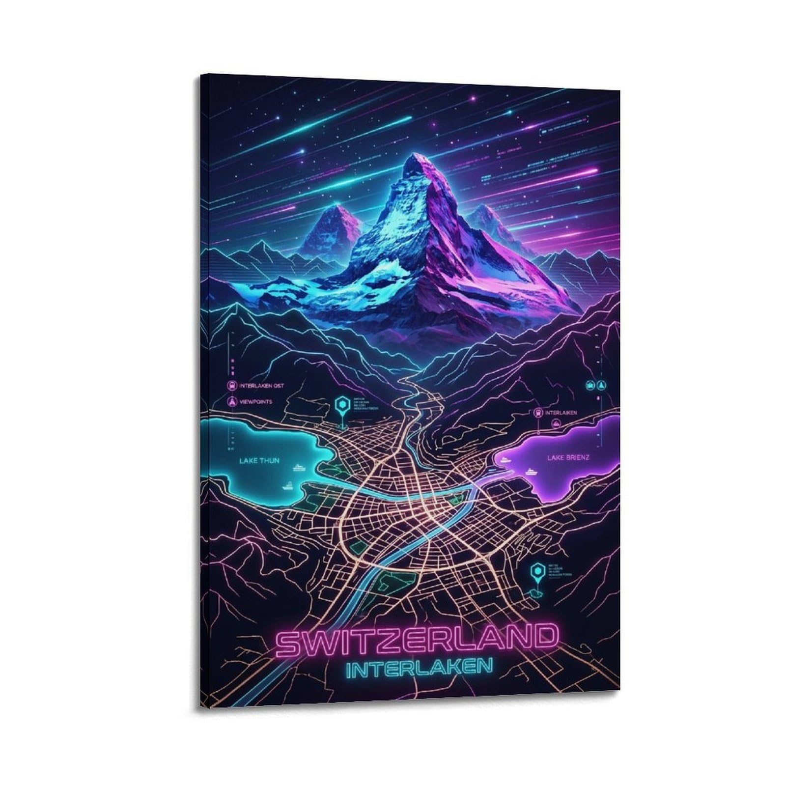 OKAHYS Switzerland Interlaken 80s Neon City Gamer Room Poster Modern Decorative Canvas Prints - Ideal Wall Art for Family, Man Cave, Game Room, Boys & Girls Bedroom 24x36inch(60x90cm)