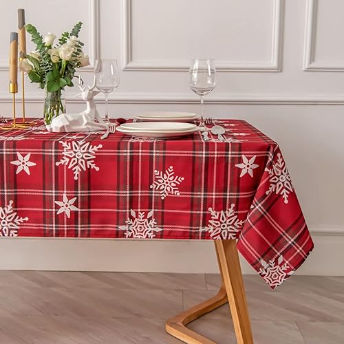 maxmill Mantel de Navidad con estampado a cuadros de nieve, a prueba de derrames y resistente al agua para cena de Navidad, reuniones familiares y