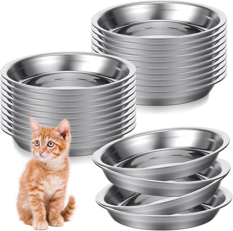 24 Pcs Stainless Steel Cat Bowls, Shallow Pet Food Dishes Metal Cat Feeding Plates Cat Food Bowls Replacement Relief Whisker Fatigue Food Water Bowl for Cat Kitten Puppy Dog(5.5 Inch Diameter)