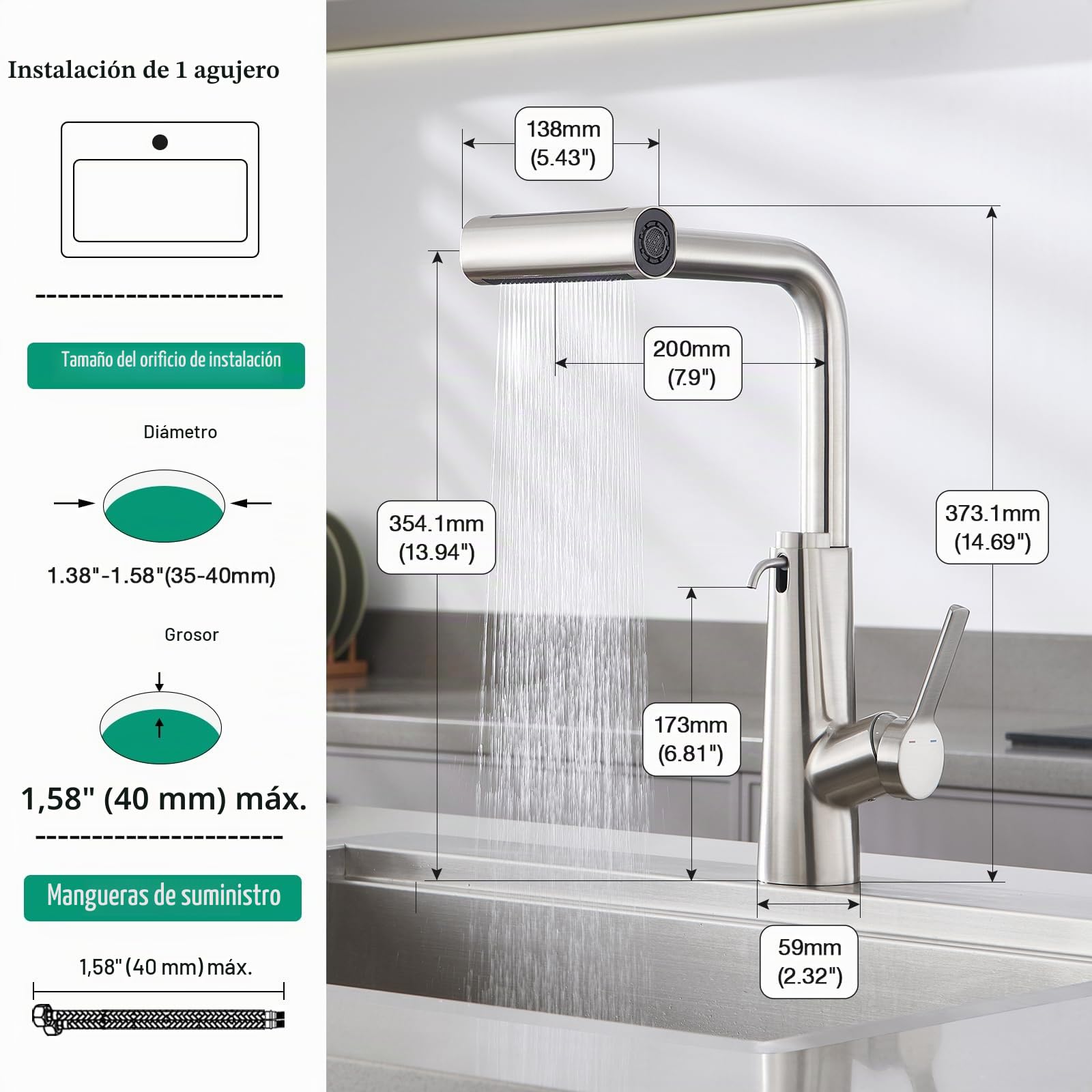 CREA Grifo de cocina Fregadero Cocina Extraíble Cascada, dispensador de jabon para fregadero, Grifo de Cocina Fregadero con Ducha de 4 Modos de Rociado Giratorio a 360°, Acero Inoxidable