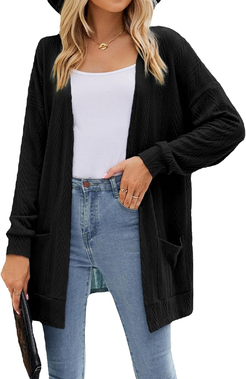 Women's 2024 Fall Open Front Long Cardigan Batwing Sleeve Chunky Knit Sweater Loose Outerwear Coats with Pockets