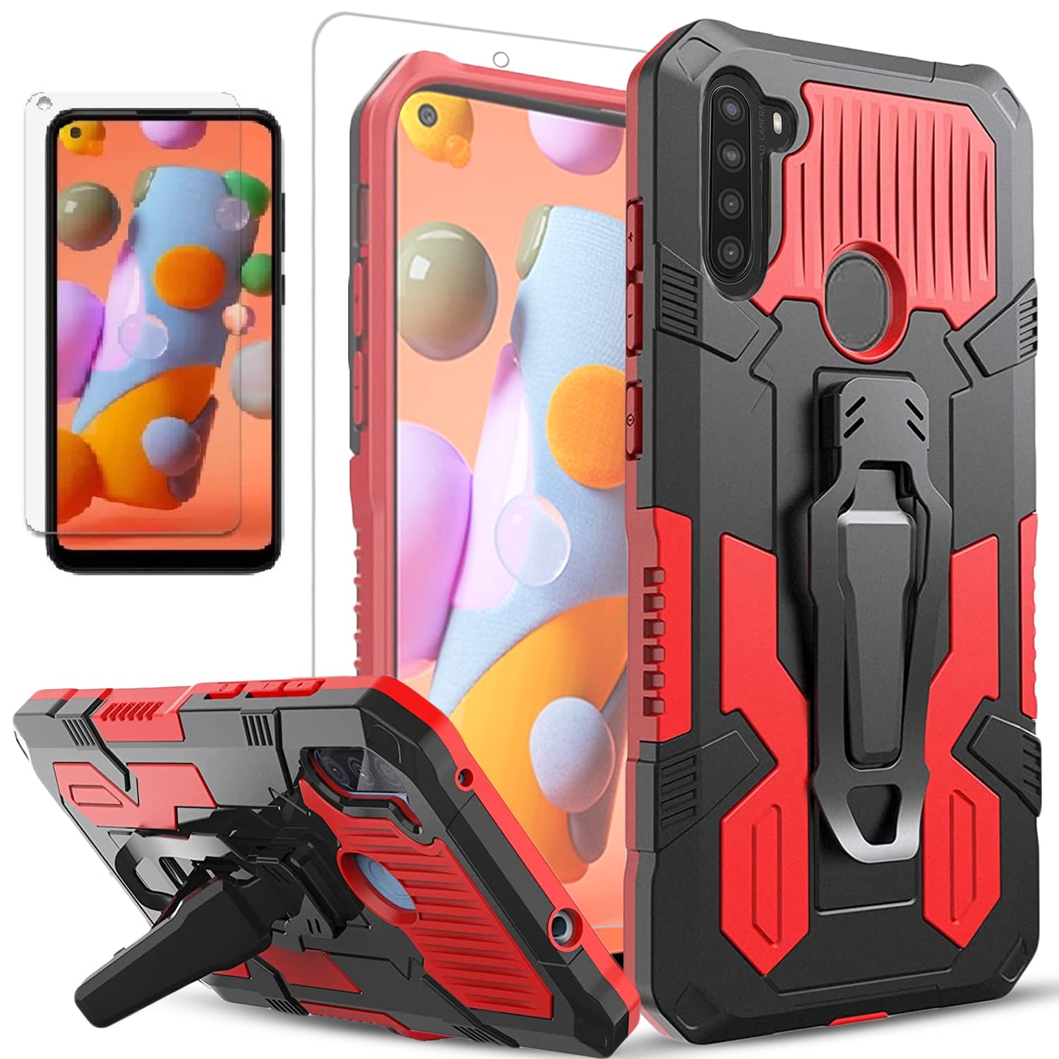 Samsung Galaxy A21 Phone Case, [NOT FIT A21S/A20], with [Tempered Glass Screen Protector Included] Circlemalls 6 ft Shockproof Armor Heavy Duty Kickstand Cover with Belt Clip- Scarlet