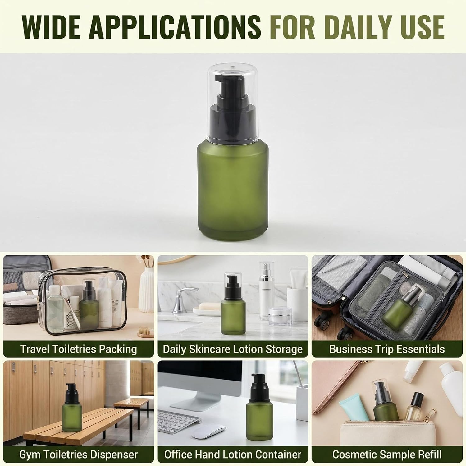2 Pack 60ml/2oz Empty Frosted Green Glass Lotion Pump Bottles, Refillable Dispensers with Dust Covers, Travel Size Skincare Containers for Toner Essential Oils Bathroom (Green, 60ML/2oz)
