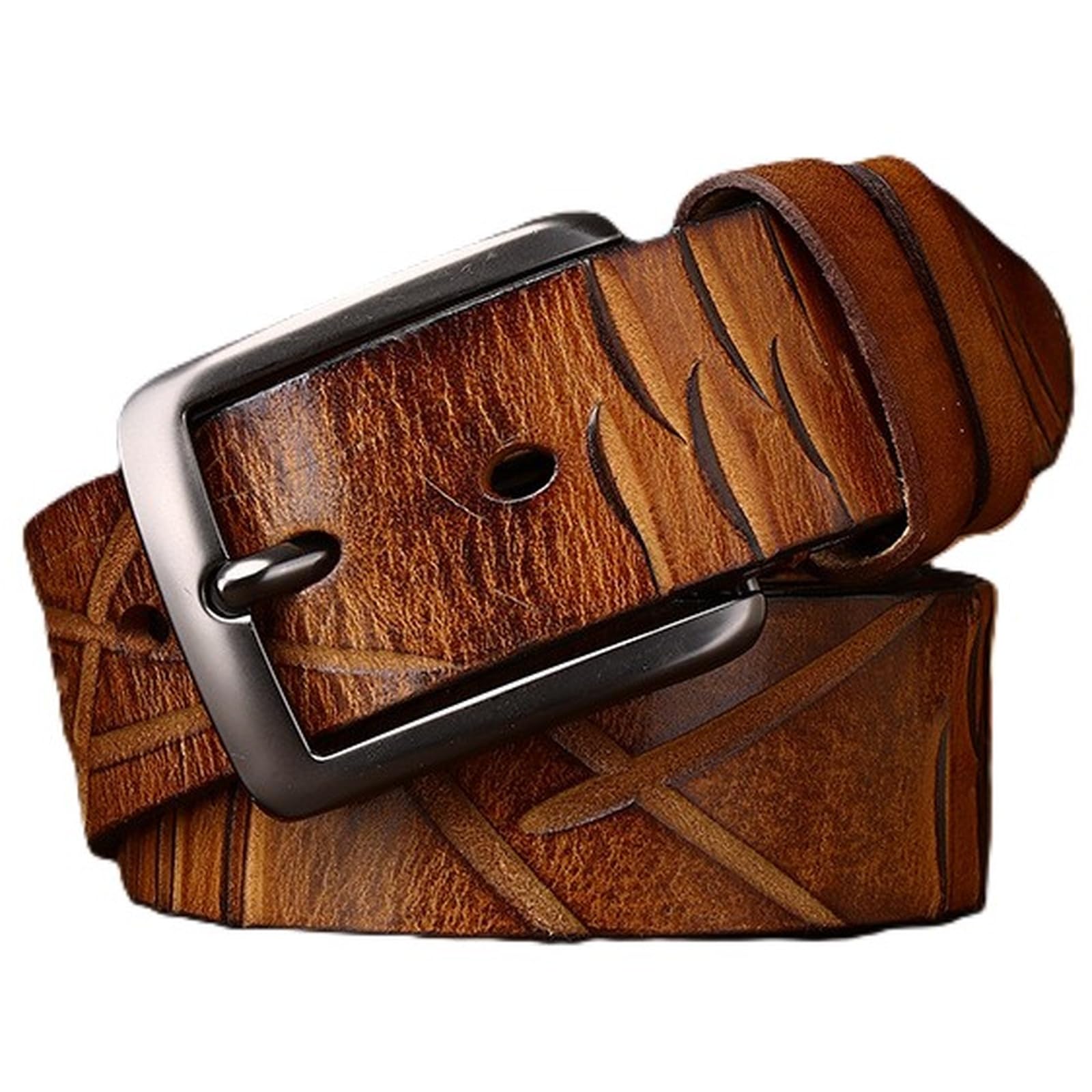 AGUTALITHIC Men's Distressed Jeans Belt-Vintage Full Grain Leather Strap Handmade Engraved Scratches-1.5" Wide with Gift Box(120cm/47, Khaki)