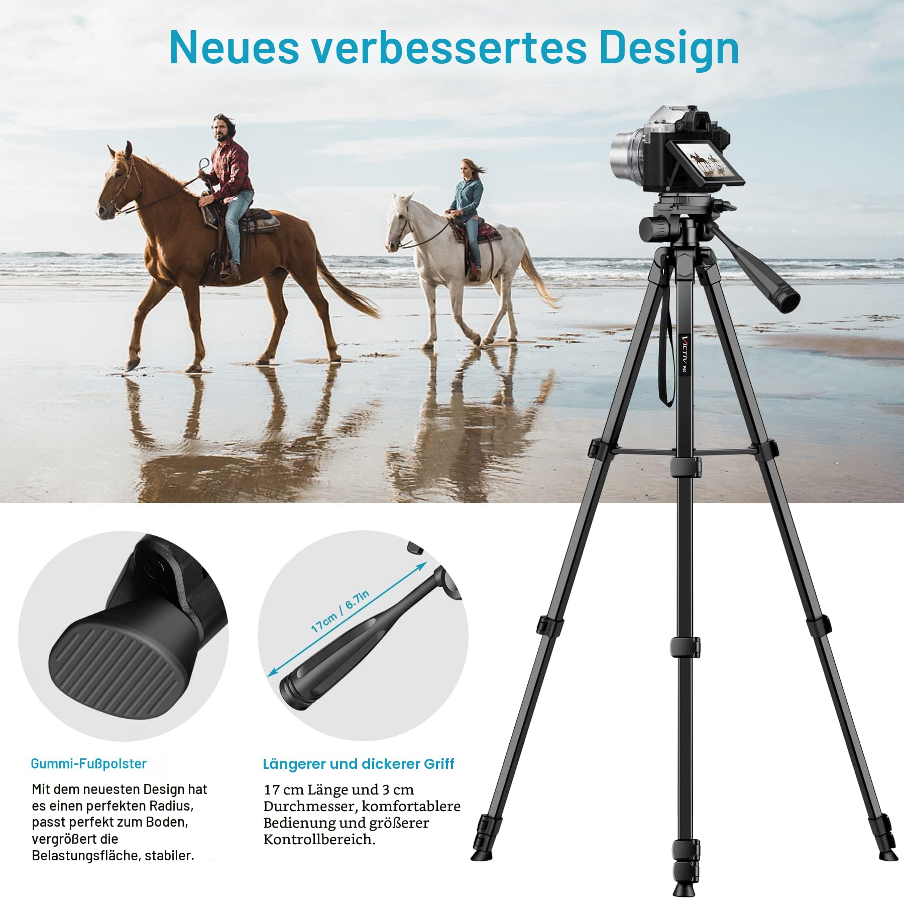 Victiv Neues Kamera Handy Stativ, 172cm Tragbares Camera Tripod, Aluminium Dreibein Stativ mit Abnehmbar 3-Wege-Kopf for für DSLR Canon Nikon Sony Action Kamera, Fotostativ für iPhone Smartphone