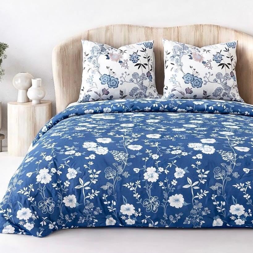 Image of DECOR2ADMIRE Premium Cotton Bedsheet Double King Size 90x100 Inches, 300 TC Soft Breathable Printed Bed Sheet with 2 Pillow Covers (Indigo Meadow, Double 90 inch x 100 inch)