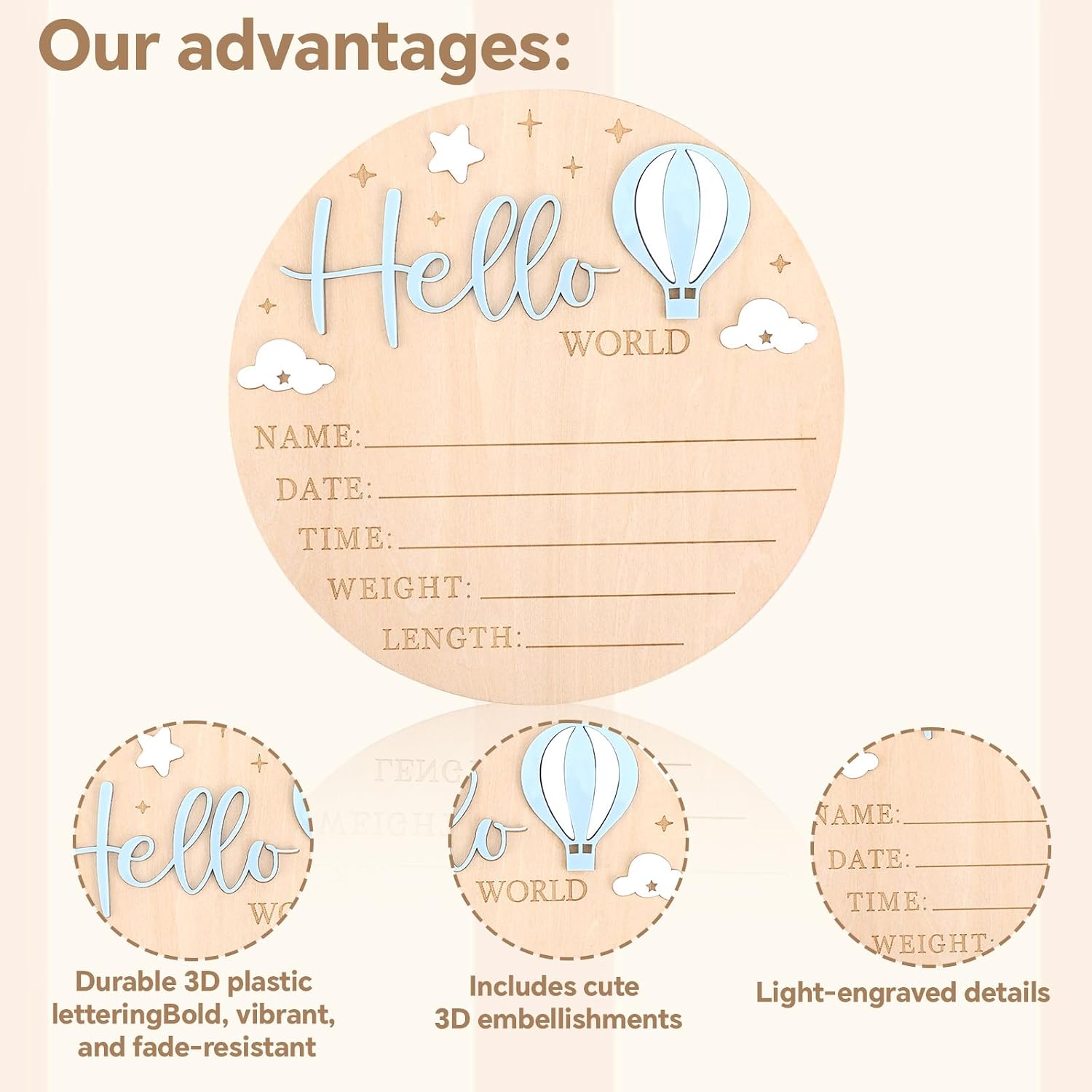 Newborn Announcement Sign, 5.9in/15cm Round Wooden Hello World Baby Sign Birth Name Board with 3D Hot Air Balloon Clouds & Stars Home Hospital Nursery Decor & Photo Props