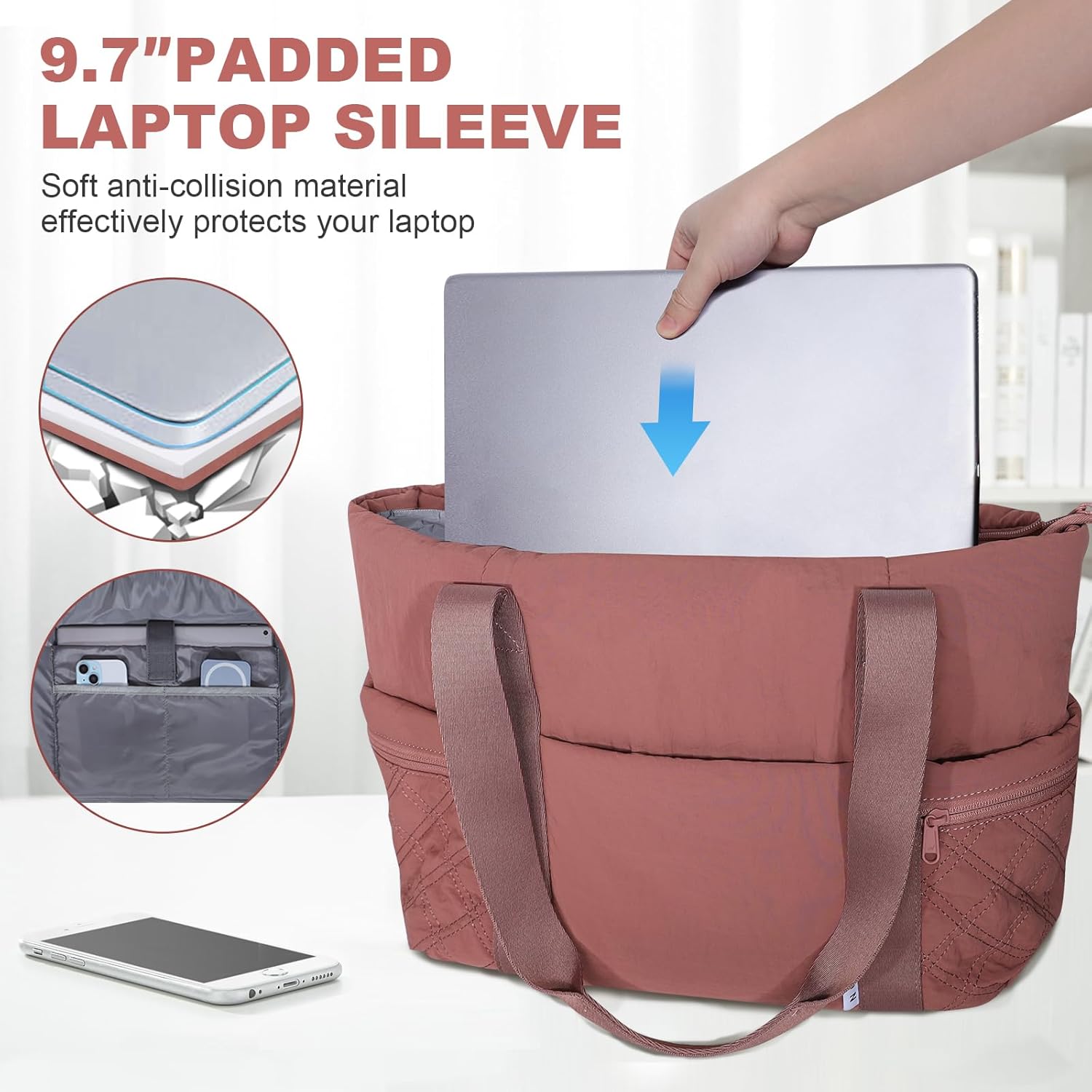 NOL Lightweight Puffer Tote Bag for Women-Quilted Shoulder Bag with Zippered Compartments | Waterproof Puffy Handbag for Work - Image 5