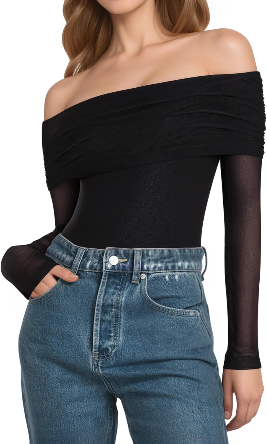 MANGOPOP Women's Off The Shoulder Long Sleeve Bodysuit Sexy Sheer Mesh Top Double Lined Body Suits Fall Outfit 2025 - Image 2