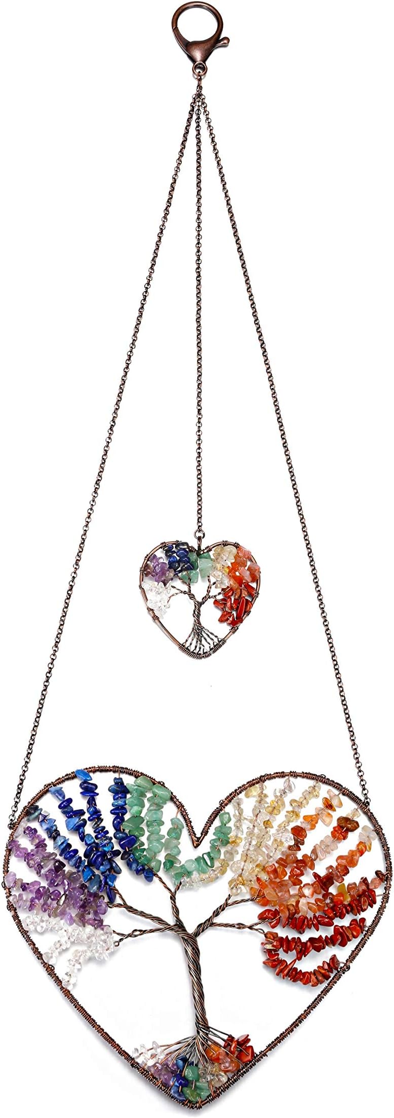 JOVIVI Double Heart Tree of Life Hanging Ornament 7 Chakra Reiki Healing Crystals Stones Gemstone Meditation Window Wall Hanger for Feng Shui Yoga Home Indoor Decor