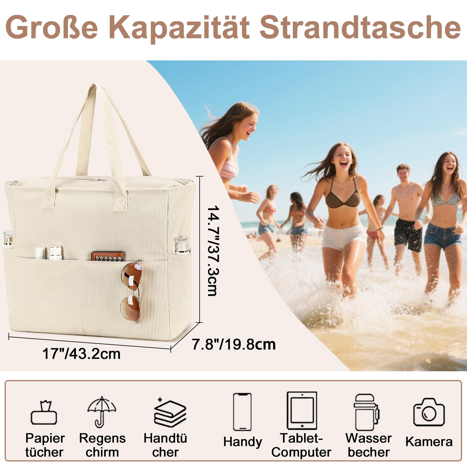 LEDAOU Duża torba plażowa z zamkiem błyskawicznym, wodoodporna torba na ramię damska, torba Shopper, piaskoochronna z zamkiem błyskawicznym, torba na basen, fitness, podróż, rodzinna, Large