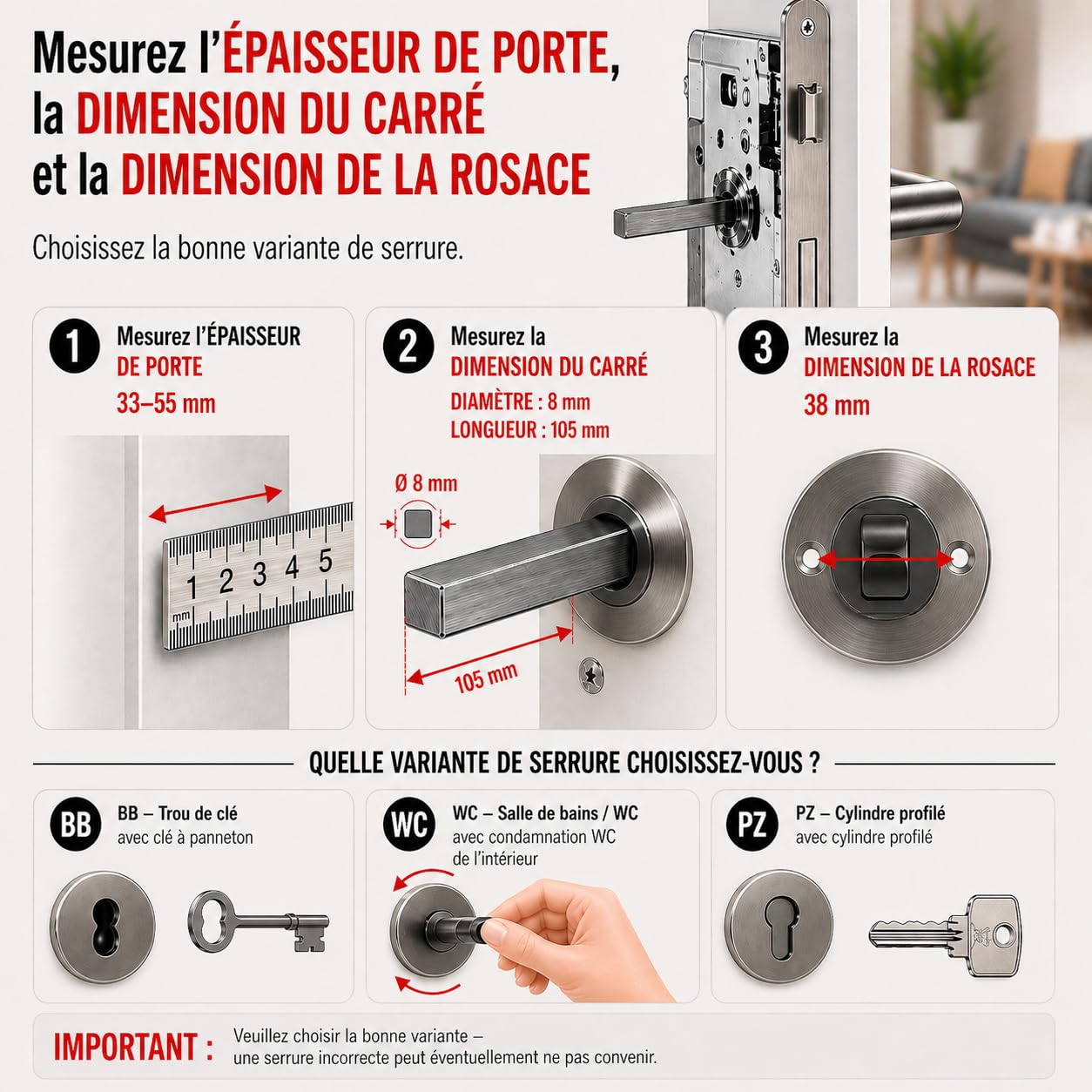 Gavroche Poignee de porte interieur or mat avec fermeture WC clanche de porte intérieure en zinc - Ensemble béquille de porte style moderne Garniture de rosace ronde ferrure de porte (condamnation WC)