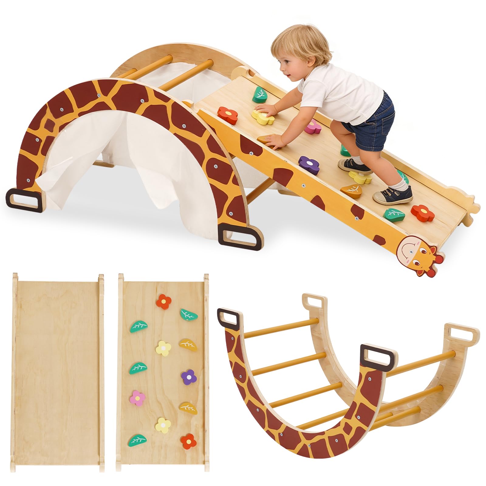 4 en 1 Estructura de Escalada de Interior con Arco, tobogán, Mecedora, Arco de Escalada Montessori 4 en 1 para niños pequeños, Parque Infantil de Interior, Motivo de Jirafa