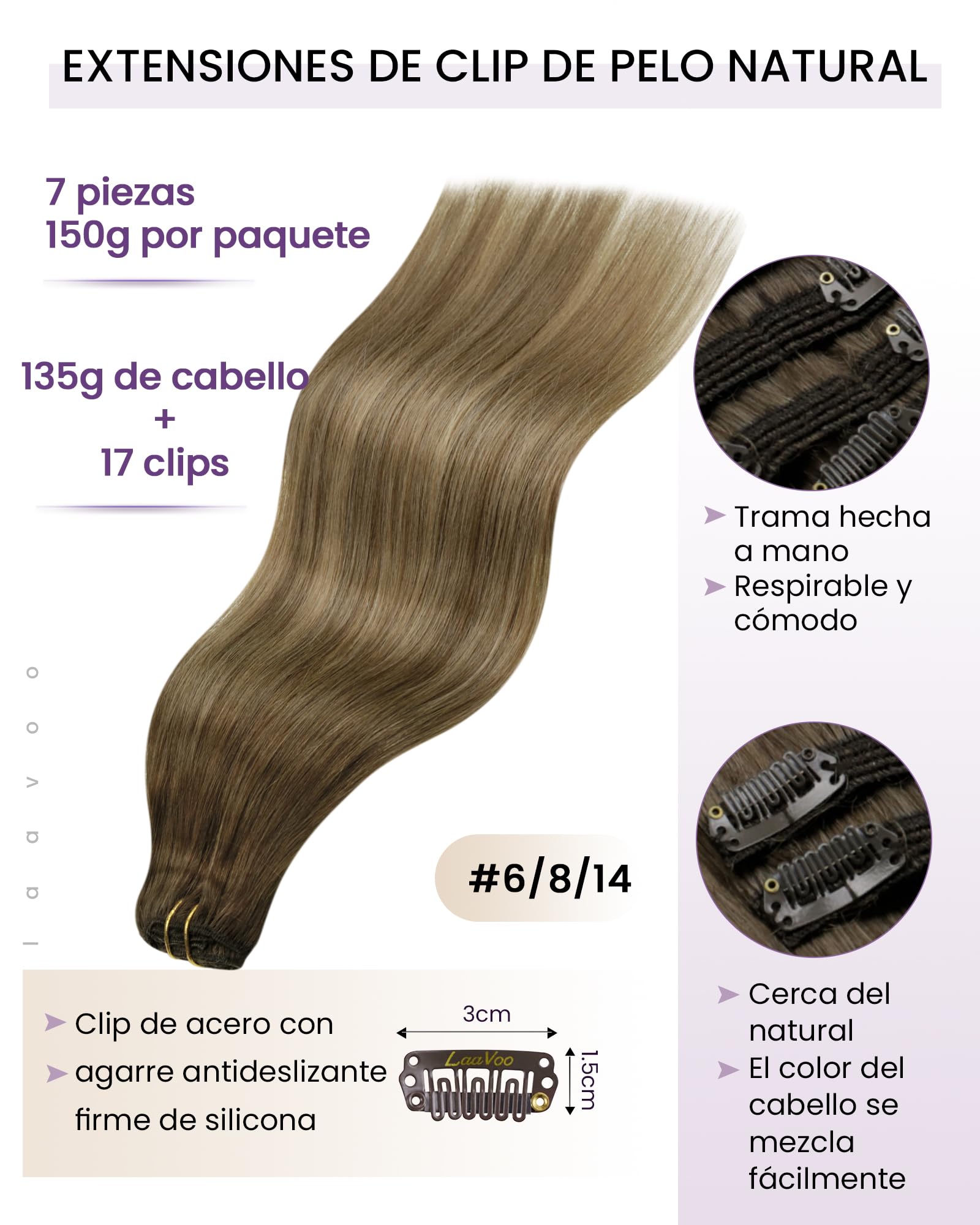 LaaVoo Extensiones Clip Marrón Balayage Extensiones de Cabello Natural Clip Marrón Claro Ombre Rubio Oscuro Extensiones de Pelo Humano Con Clip 50cm/20Pulgadas 7piezas/135g #6/8/14