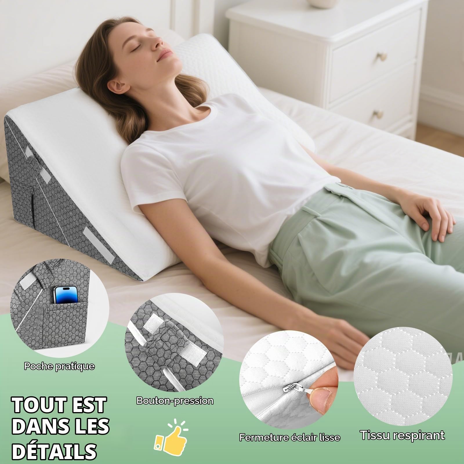 Coussin Incliné pour Lit, Oreiller Triangulaire Ergonomique en Mémoire de Forme pour l'apnée du Sommeil, Coussin de Coin, Le ronflement, Reflux Acide, Élévation des Jambes (Blanc Gris)