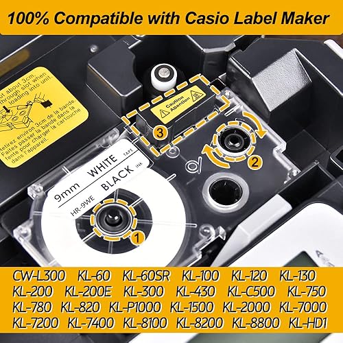 Miniatura 6 de Hehua Paquete de 6 cintas de etiquetas de repuesto compatibles para Casio XR-9WE XR9WE XR-9WE2S Cinta de etiquetado de 0.354 in 38 negro sobre