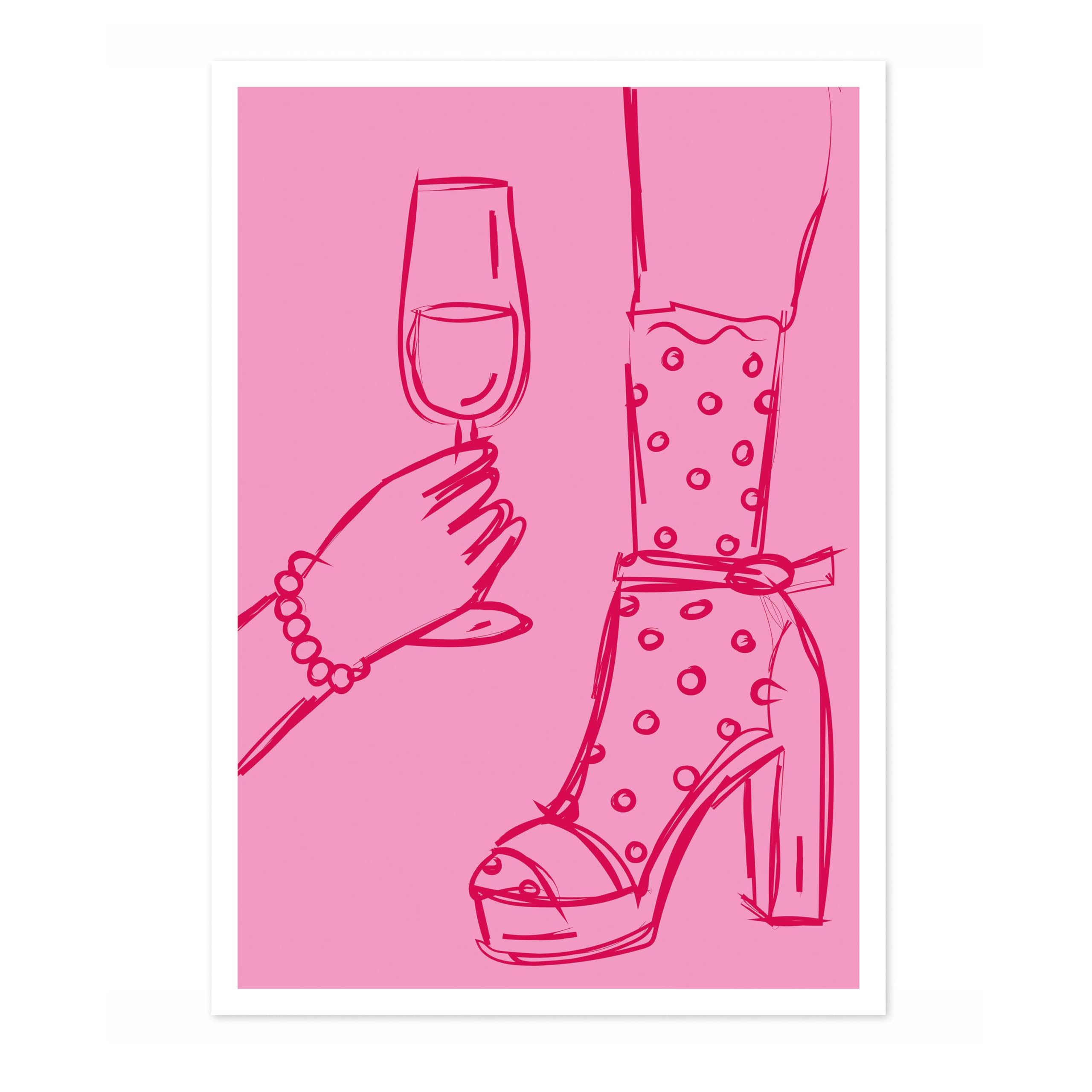 Animato Champagne & Heels Hot Pink Preppy Aesthetic Girls Bedroom Wall Art Decor, Archival Matte, A3 (Print Only) - 42x29.7cm