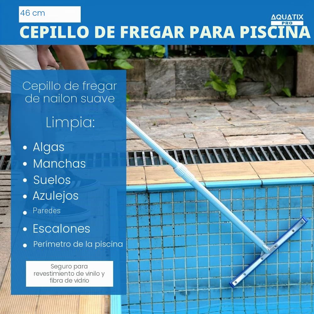 Cabezal de cepillo para piscina Premium, 45 cm, aluminio, cepillo de limpieza por Aquatix Pro con Clips EZ, para paredes, azulejos y suelos, diseño elegante y cerdas resistentes