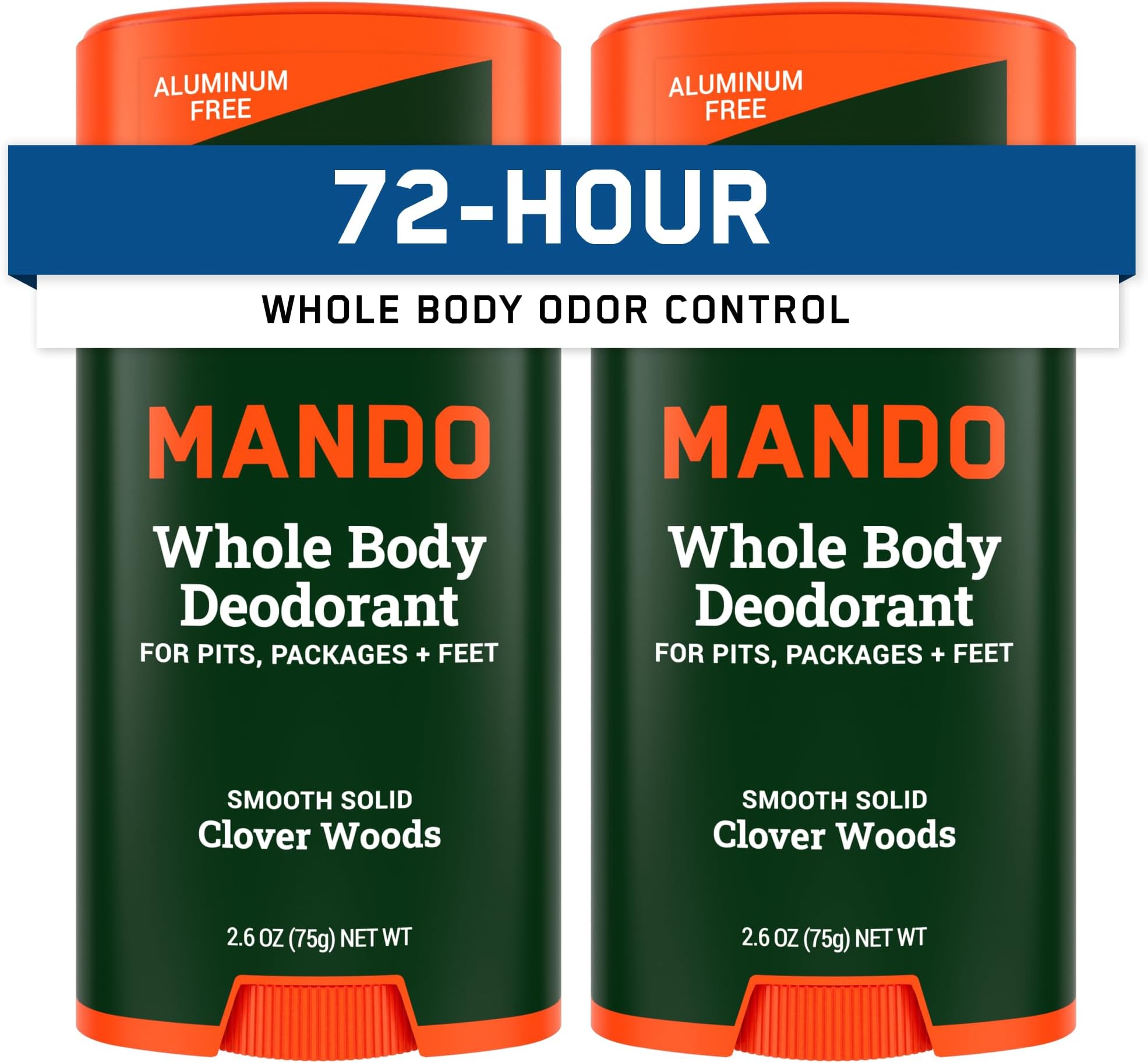 Mando Whole Body Deodorant For Men - Smooth Solid Stick - 72 Hour Odor Control - Aluminum Free, Baking Soda Free, Skin Safe - 2.6 Ounce (Pack of 2) - Clover Woods