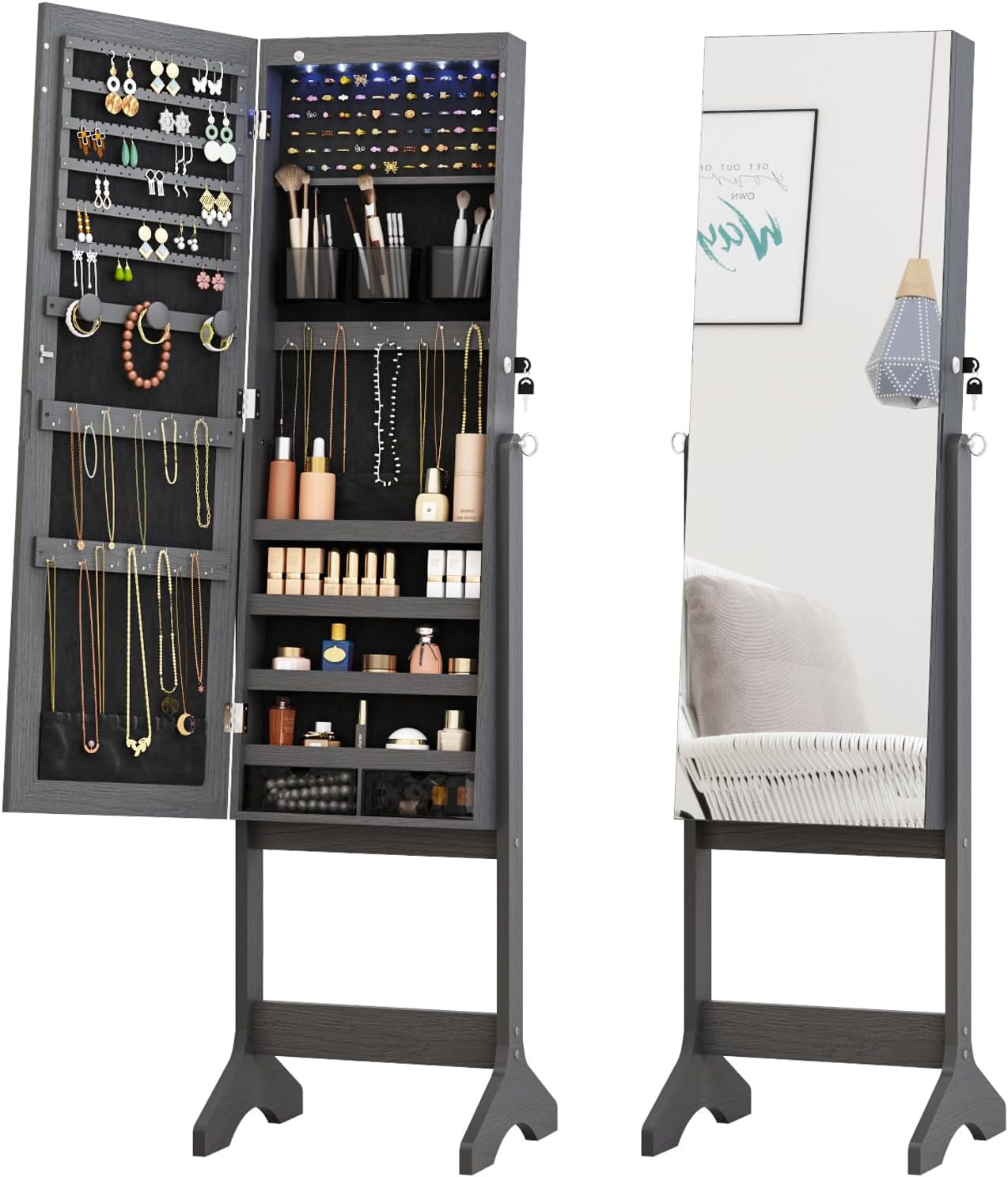 Full Length Mirror Jewelry Cabinet Capacity Jewelry Cabinet With Magnetic Lock Jewelry Armoire Organizer with Lock & LED Lights (White, 3.9"x14.5"x61" LED lIGHTS)