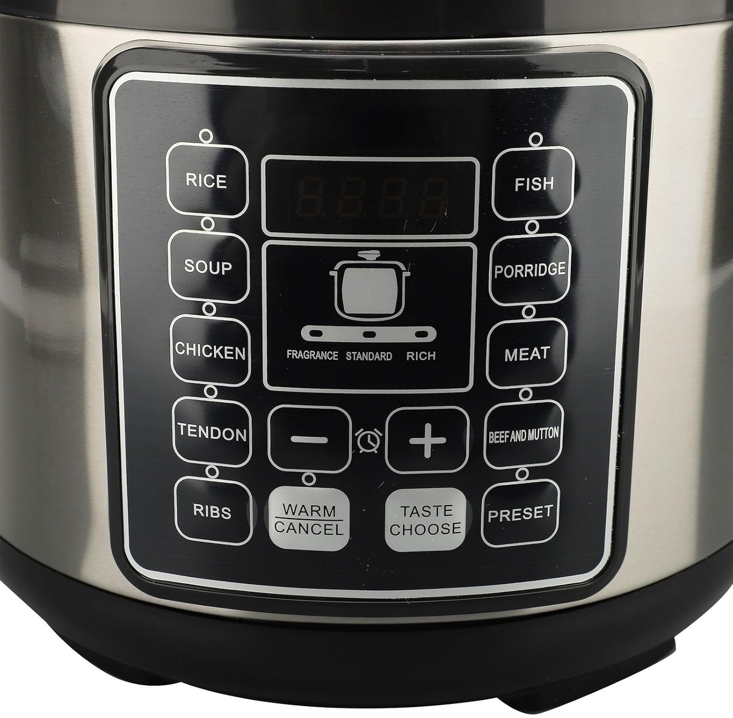 Close-up of the electric pressure cooker control panel with various function buttons