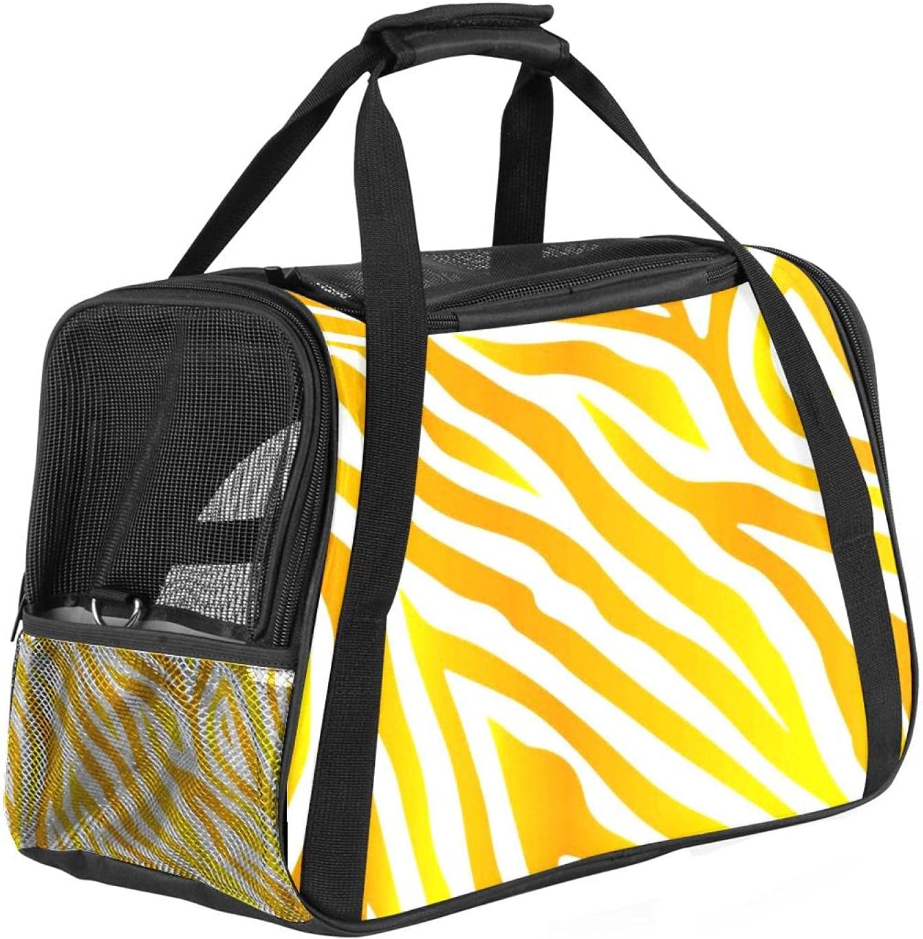 Golden Yellow Zebra Print Portable Safe Travel Pet Bag, Soft Sided Dogs Carrier Bag with 3 Mesh Open Windows, Removable Mat and Breathable Mesh, Airline Approved