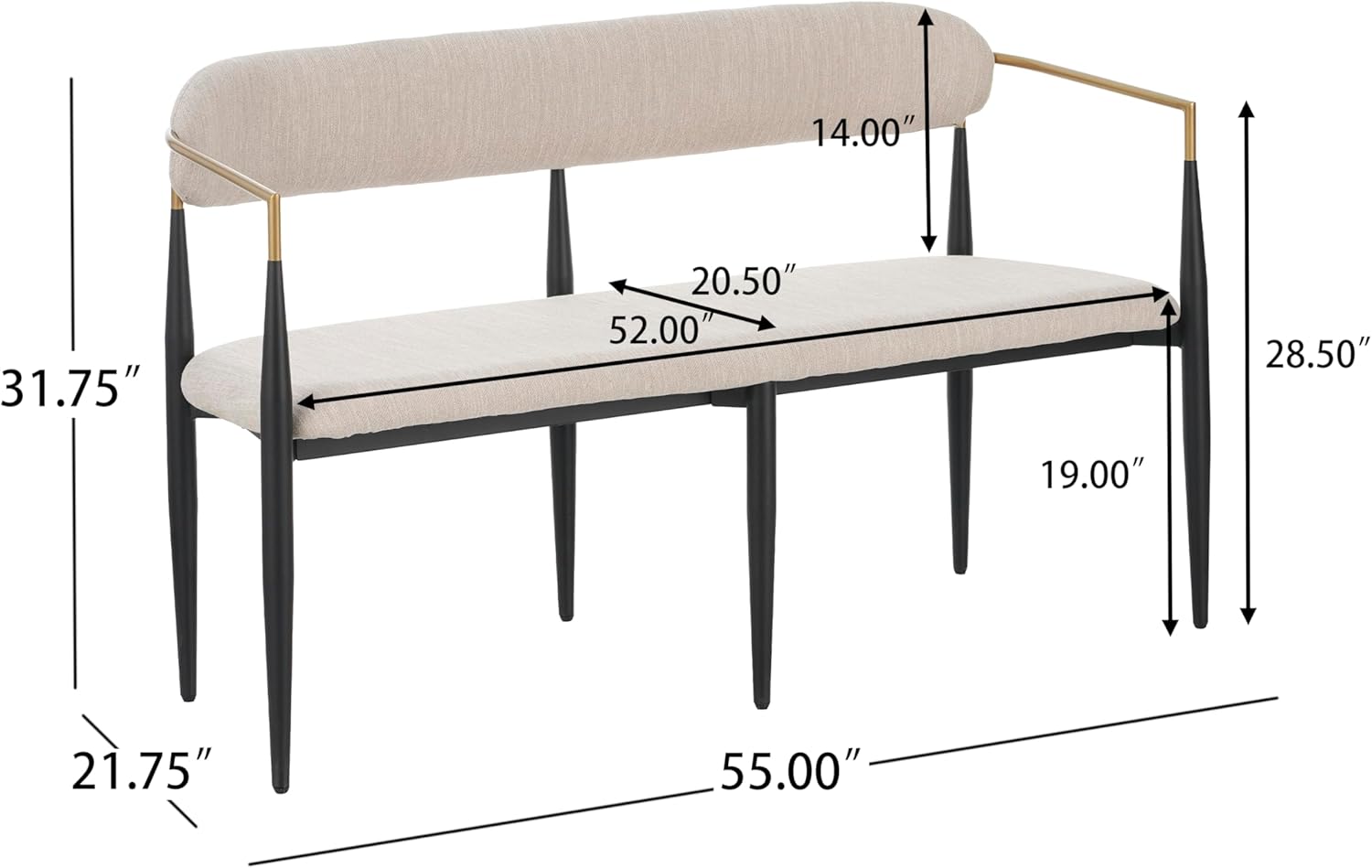 Christopher Knight Home Names Modern Metal Loveseat, Living Room Fabric Upholstered Settee, Curved Open Backrest 2-Seater Sofa, Cozy Couch for Bedroom, Apartment, Home Office, Black+ Gold + Beige