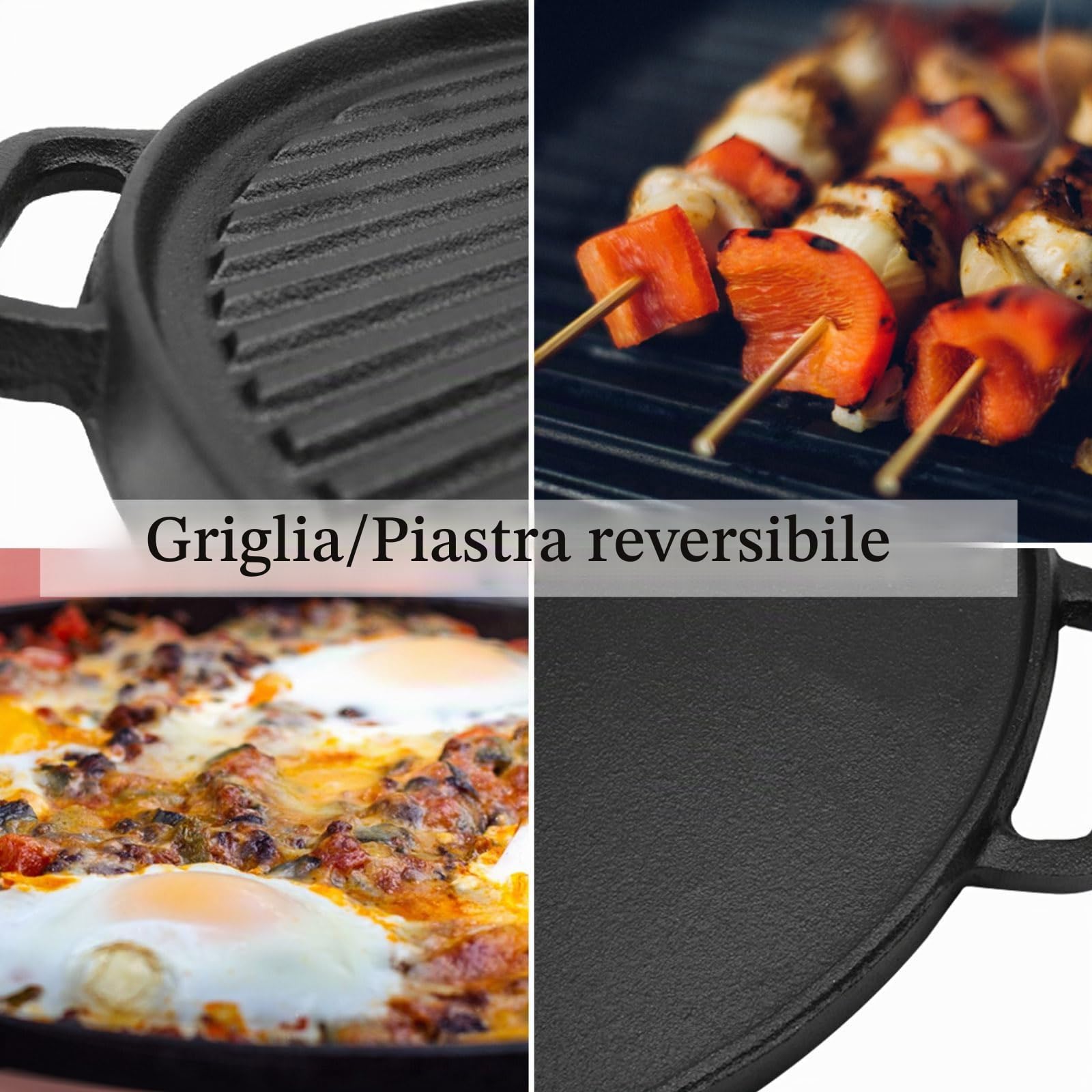 Piastra bistecchiera reversibile in ghisa, bifacciale con manici (30 cm)