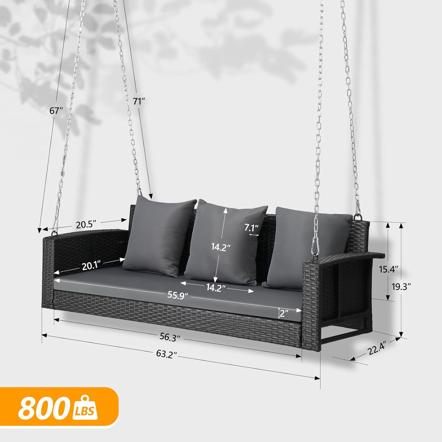 Zimtown 3 Person Wicker Porch Swing, Outdoor Hanging Swing Bench, Hand Woven with Weather - Resistant PE Rattan, 3 Soft Removable Cushions, 1000 Pound Capacity for Cozy Outdoor Moments