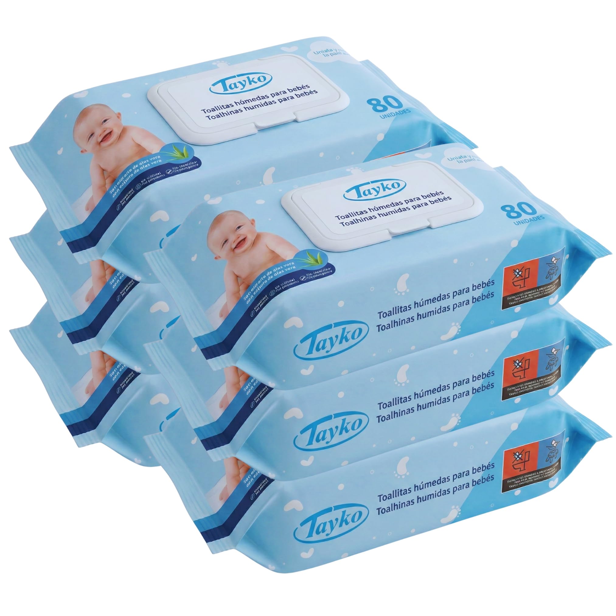 Tayko Toallitas ultrasuaves, 480 Toallitas para Bebé con Aloe Vera e Hipoalergénicas, Sin Alcohol y con Tapa Rígida, Toallitas Húmedas para Piel Sensible (6 paquetes de 80 unidades)