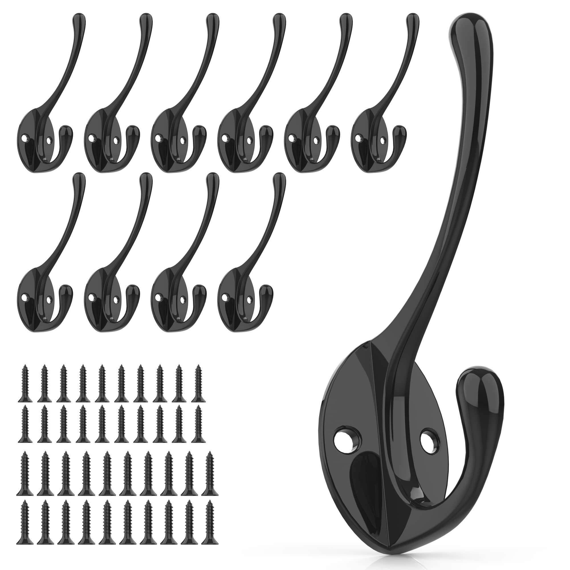 PRIGVOT Heavy-Duty Metal Coat Hooks for Wall, 10-Pack Black Wall Mounted Hooks with 20 Screws, Double Robe Hooks for Coat, Hat, Robe, Towel, Entryway,