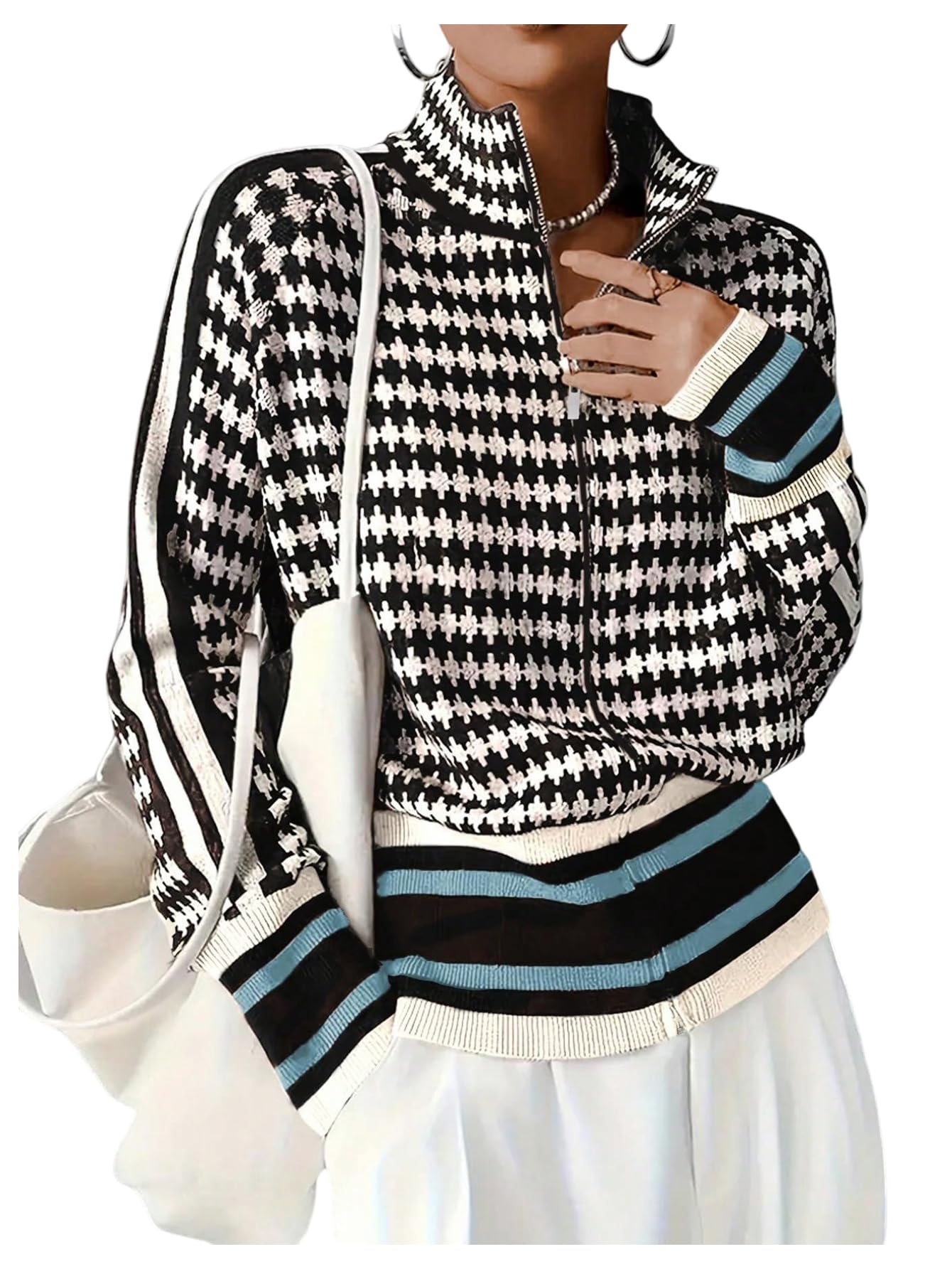 WDIRARA Womens Houndstooth Zip Up Cardigan Sweaters Long Sleeve Knit Cardigans Jacket
