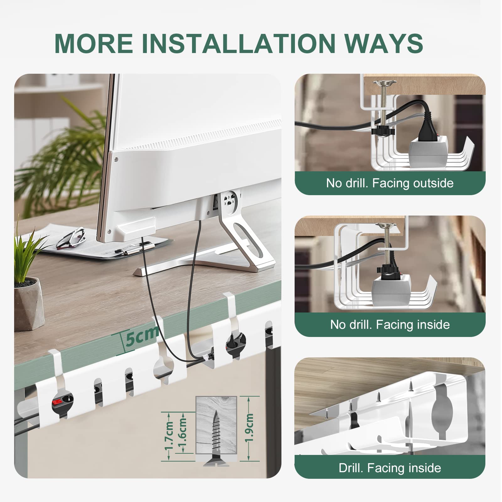 Bandeja Organizador Cables Escritorio, Juego de 2 Cable Management sin Necesidad de Taladrar, Recoge Cables Mesa Escritorio, 43cm Soporte de Cables para Hogar u Oficina, Blanco