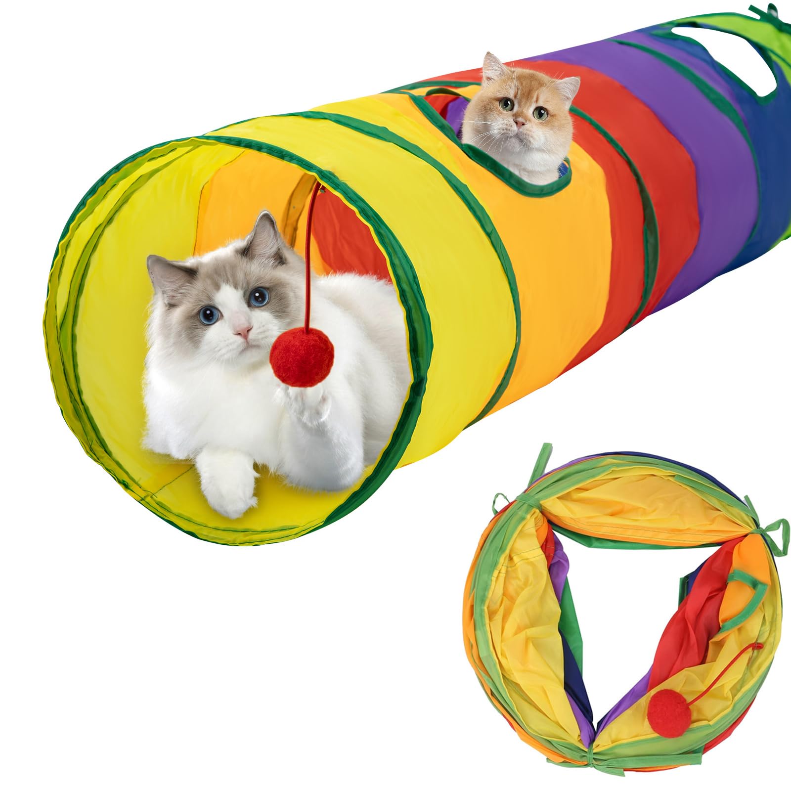 Rainbow Cat Tunnel Toy with Hanging Ball – Foldable Pet Play Tunnel with 2 Peep Holes for Kittens, Rabbits, Ferrets – Portable Crinkle Tunnel for Indoor Cats, Small Animals (2pcs)