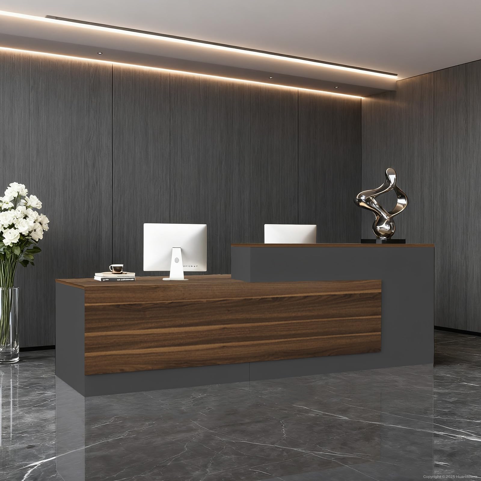 Modern L-Shaped Reception Desk with Hutch, Reception Counter Table, Lockable Drawer Door Cabinet, Office Wooden Computer Front Desk (Walnut+lron Gray-Right Cabinet, 87" L*24" W*41" H)